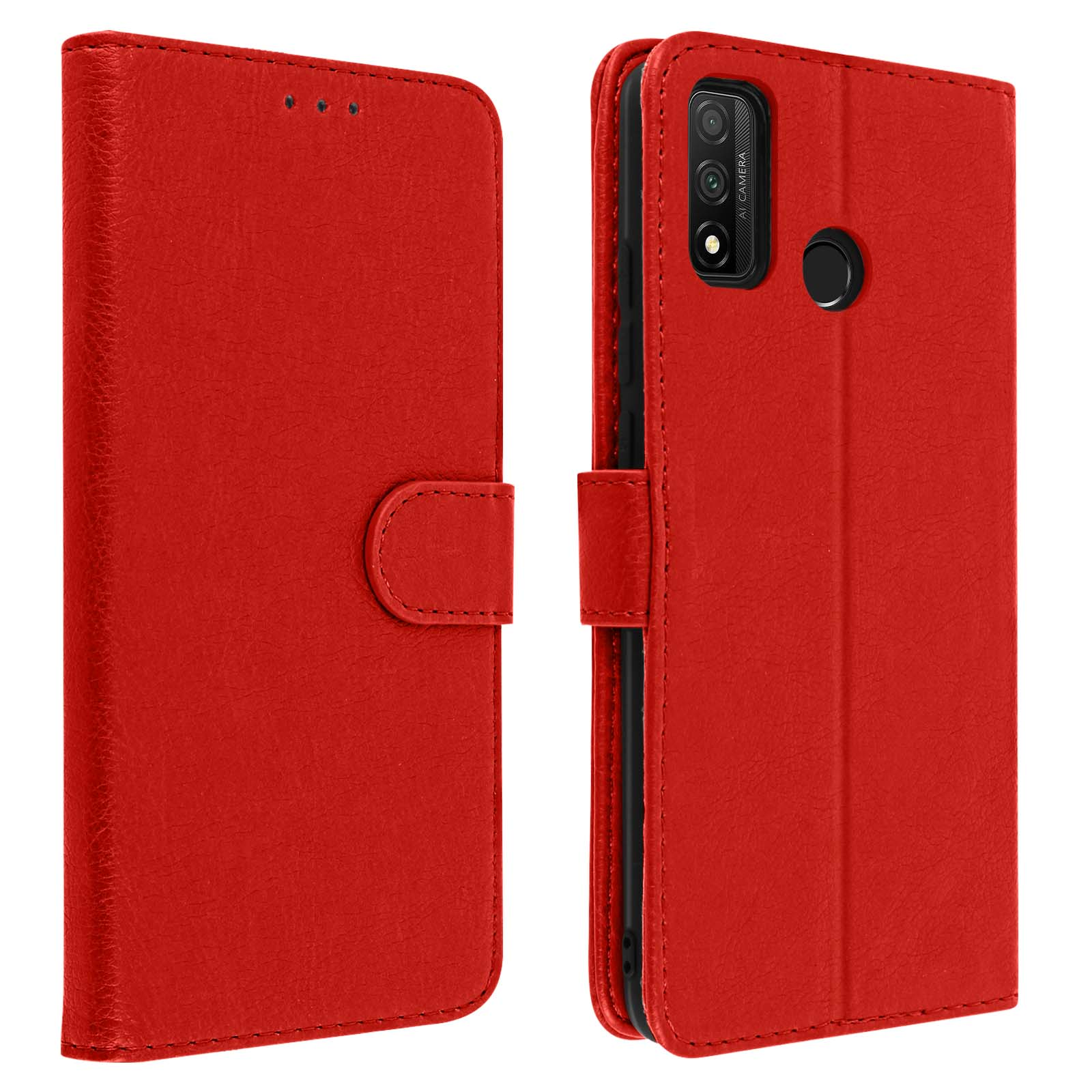 Custodia per telefono in pelle rossa, aperta. Il telefono è all'interno, mostra la fotocamera.