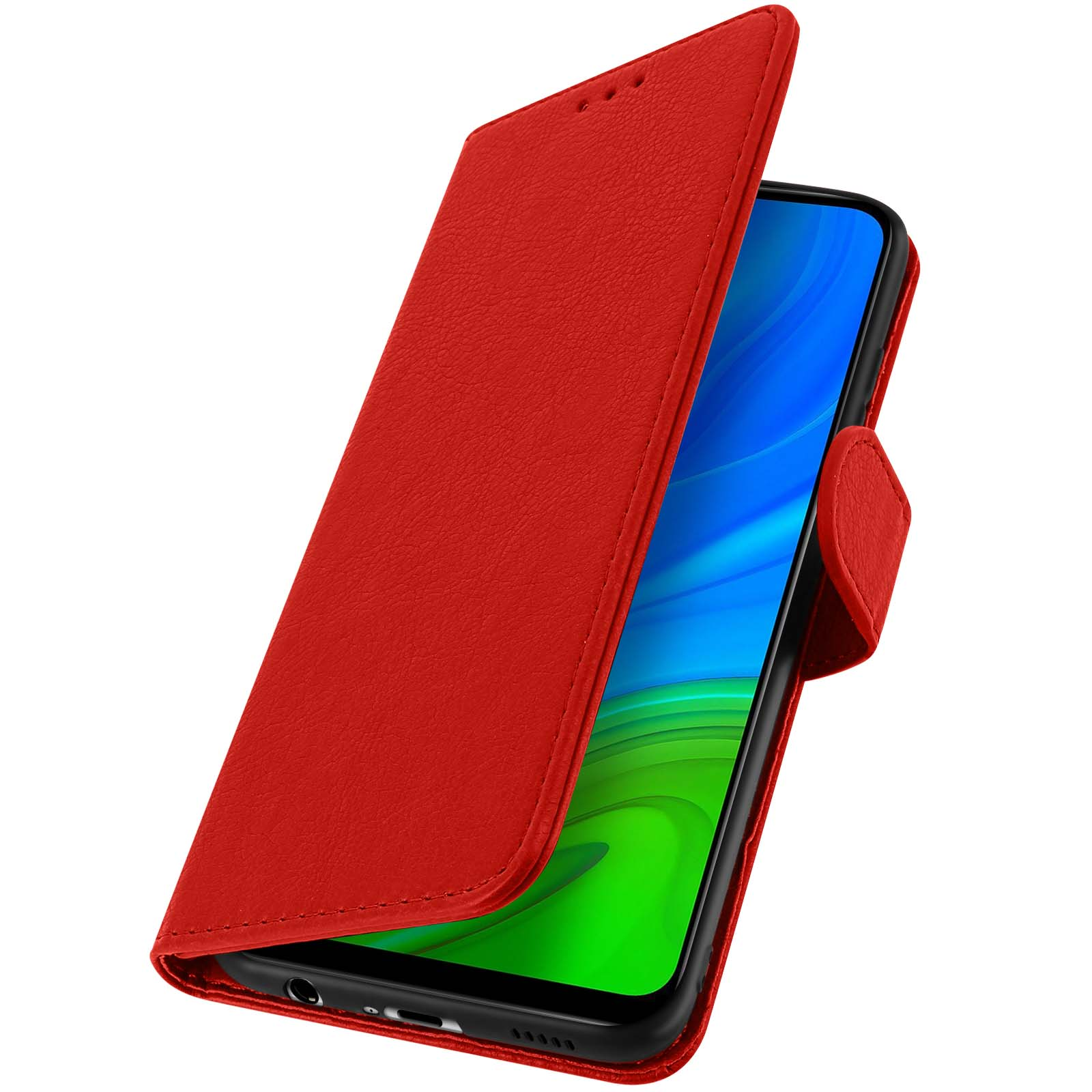 Custodia rossa per telefono, aperta. Lo schermo del telefono è visibile, mostrando uno sfondo blu e verde. Ha un lembo.