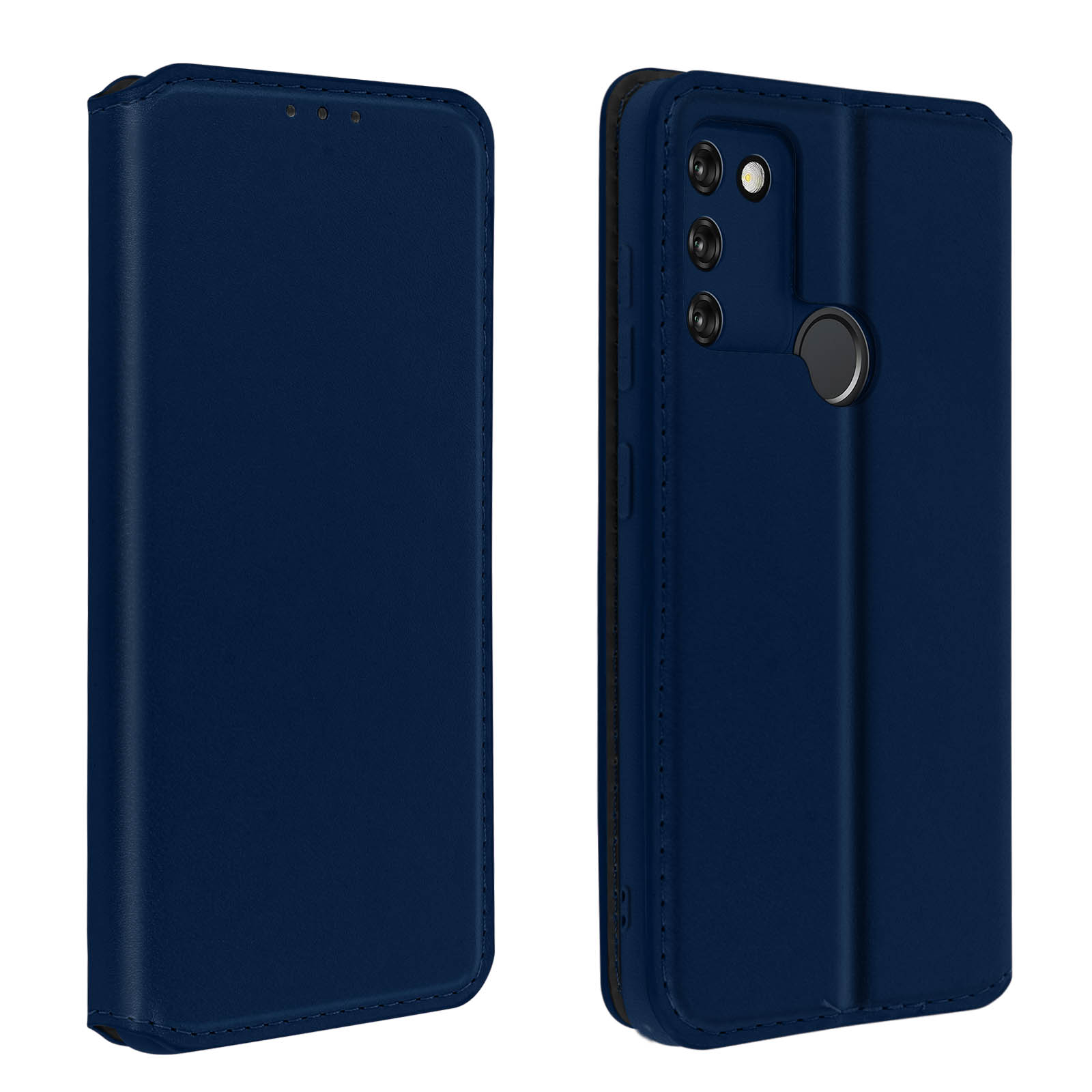 Funda azul abierta, mostrando la cámara y los botones del teléfono.