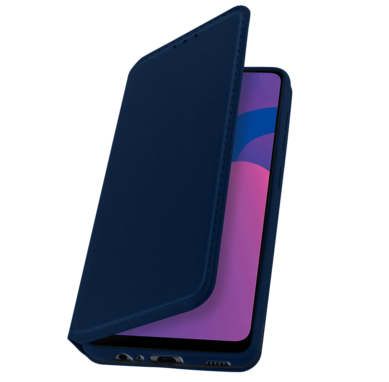 Funda azul para teléfono parcialmente abierta. Pantalla del teléfono visible. Fondo oscuro.