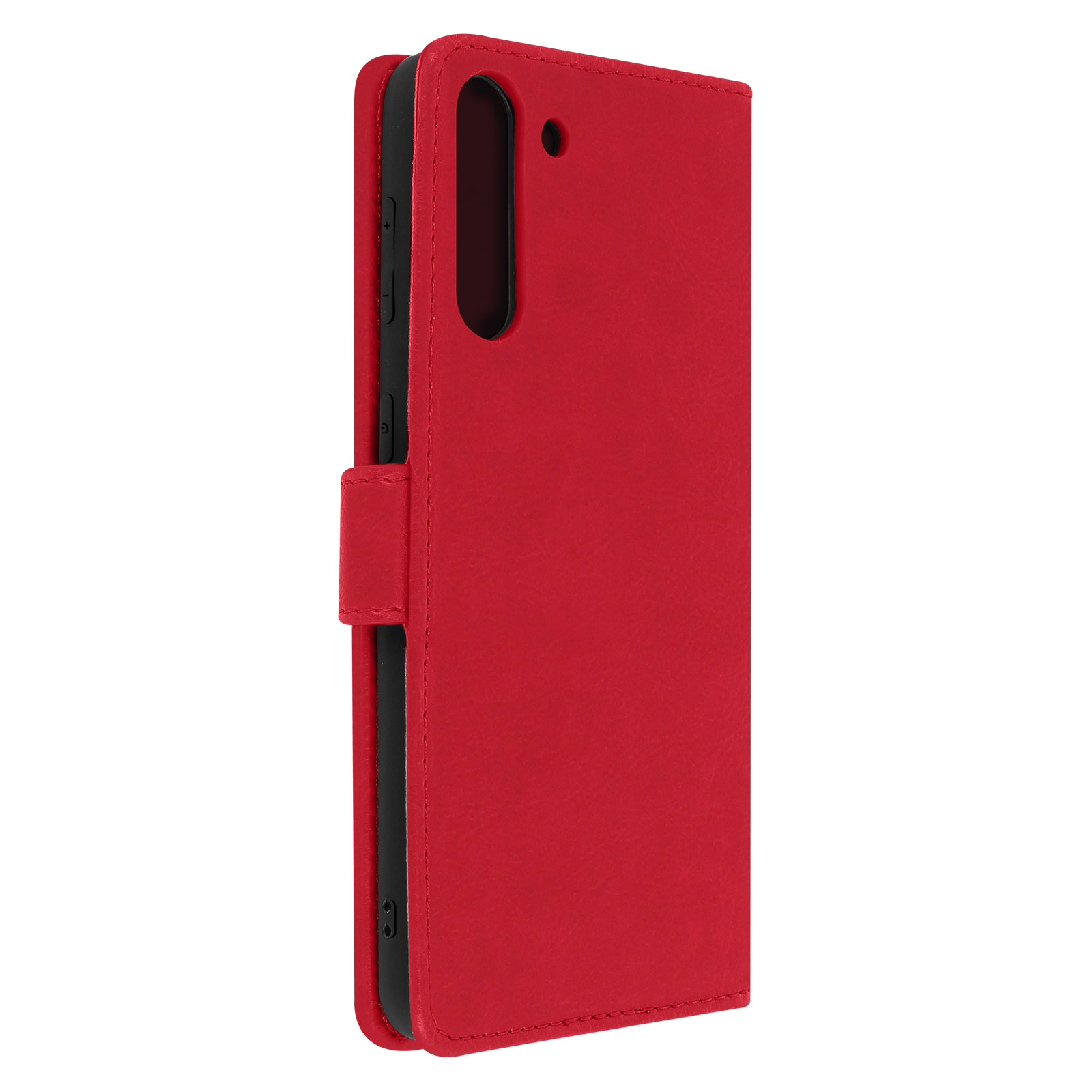 Custodia per telefono rossa stile portafoglio, aperta, che mostra l'interno del telefono e gli slot.