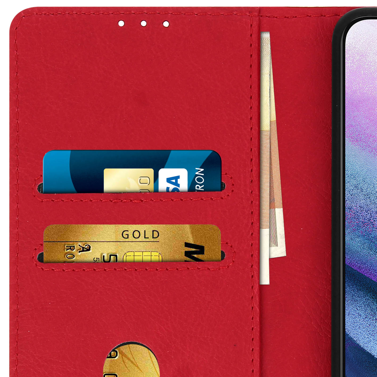 Custodia per telefono rossa aperta. Carte di credito e banconote in euro visibili all'interno.