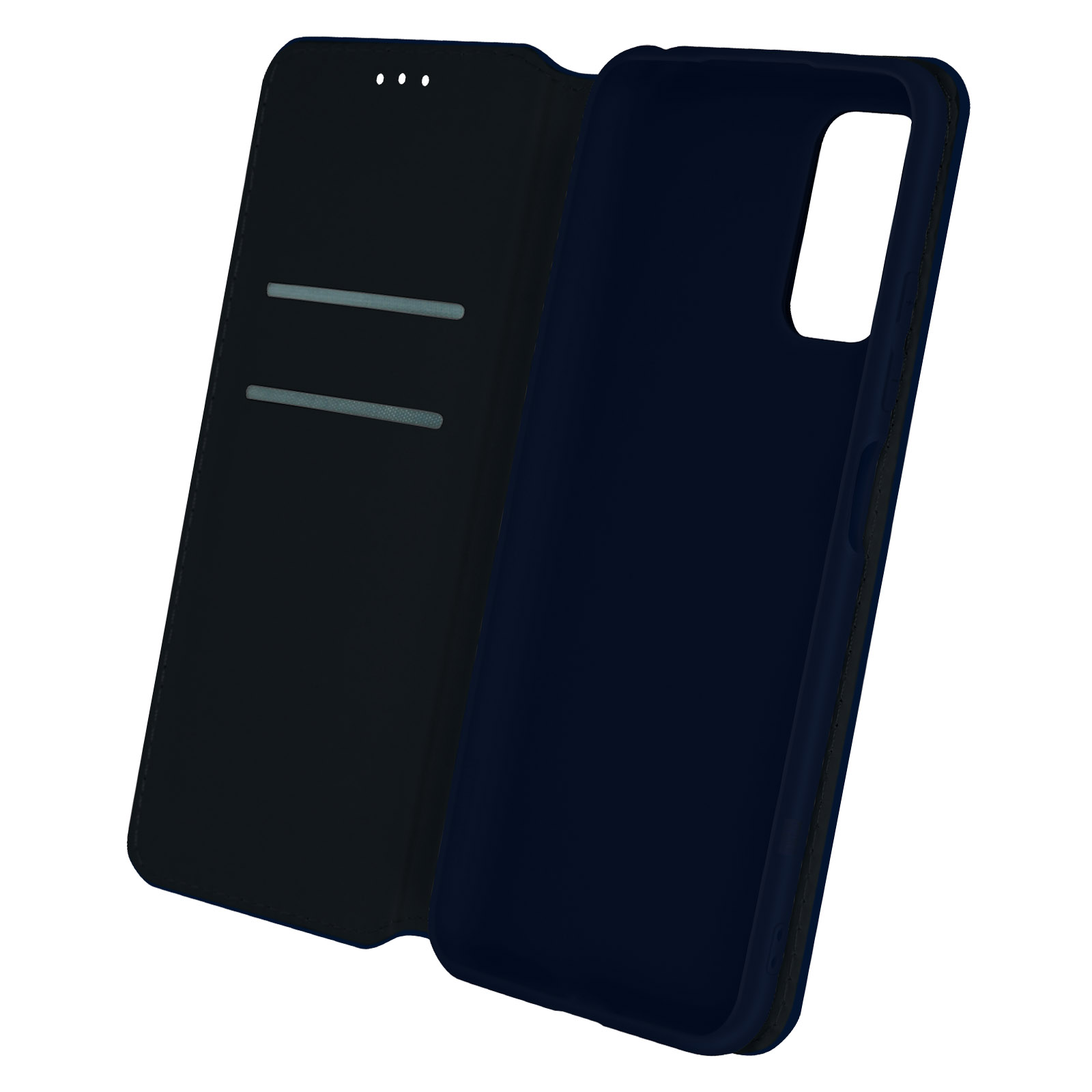 Marineblauwe telefoonhoes, open, binnen- en buitenkant tonend. Witte achtergrond.