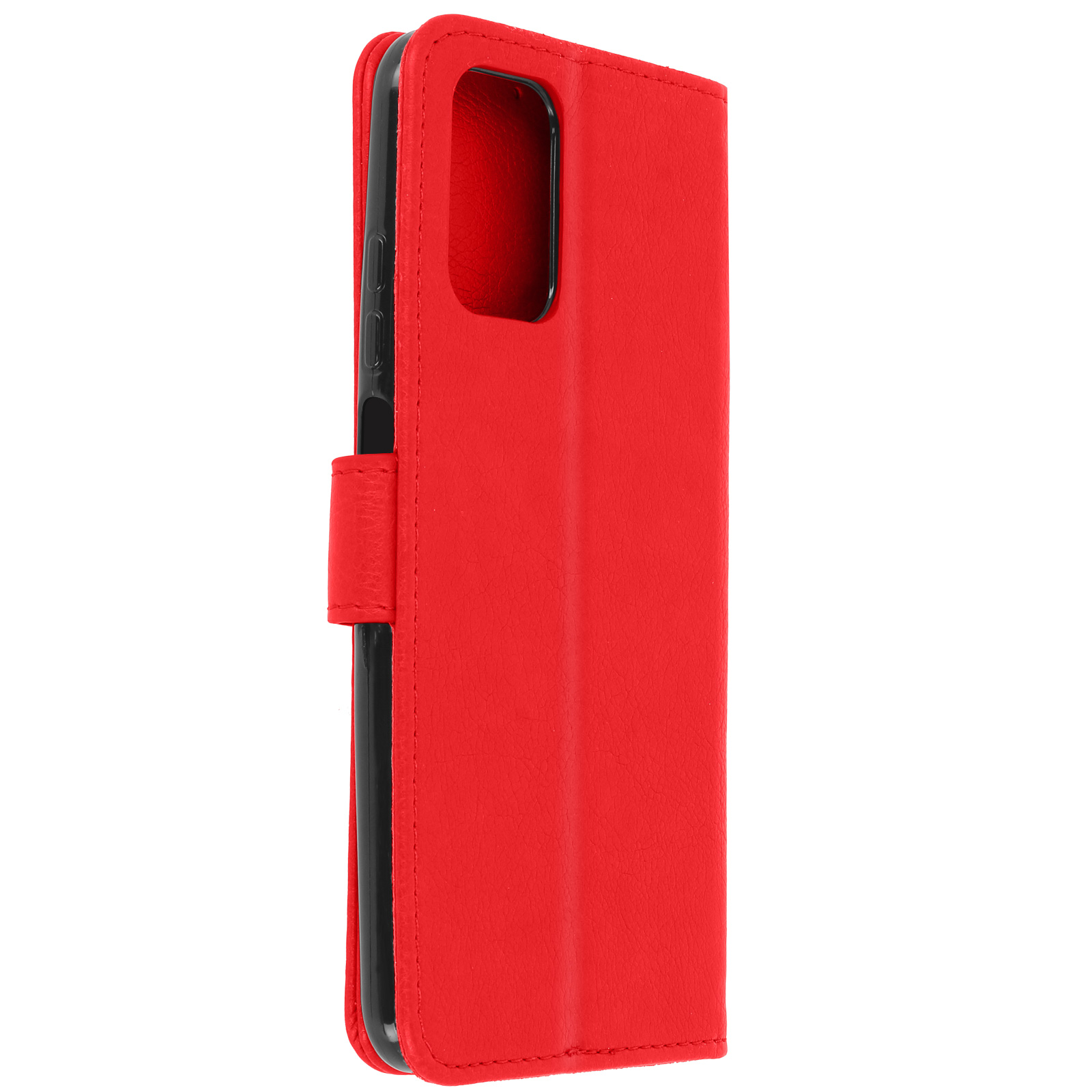 Rode telefoonhoes met een flap en een magnetische sluiting op een witte achtergrond.