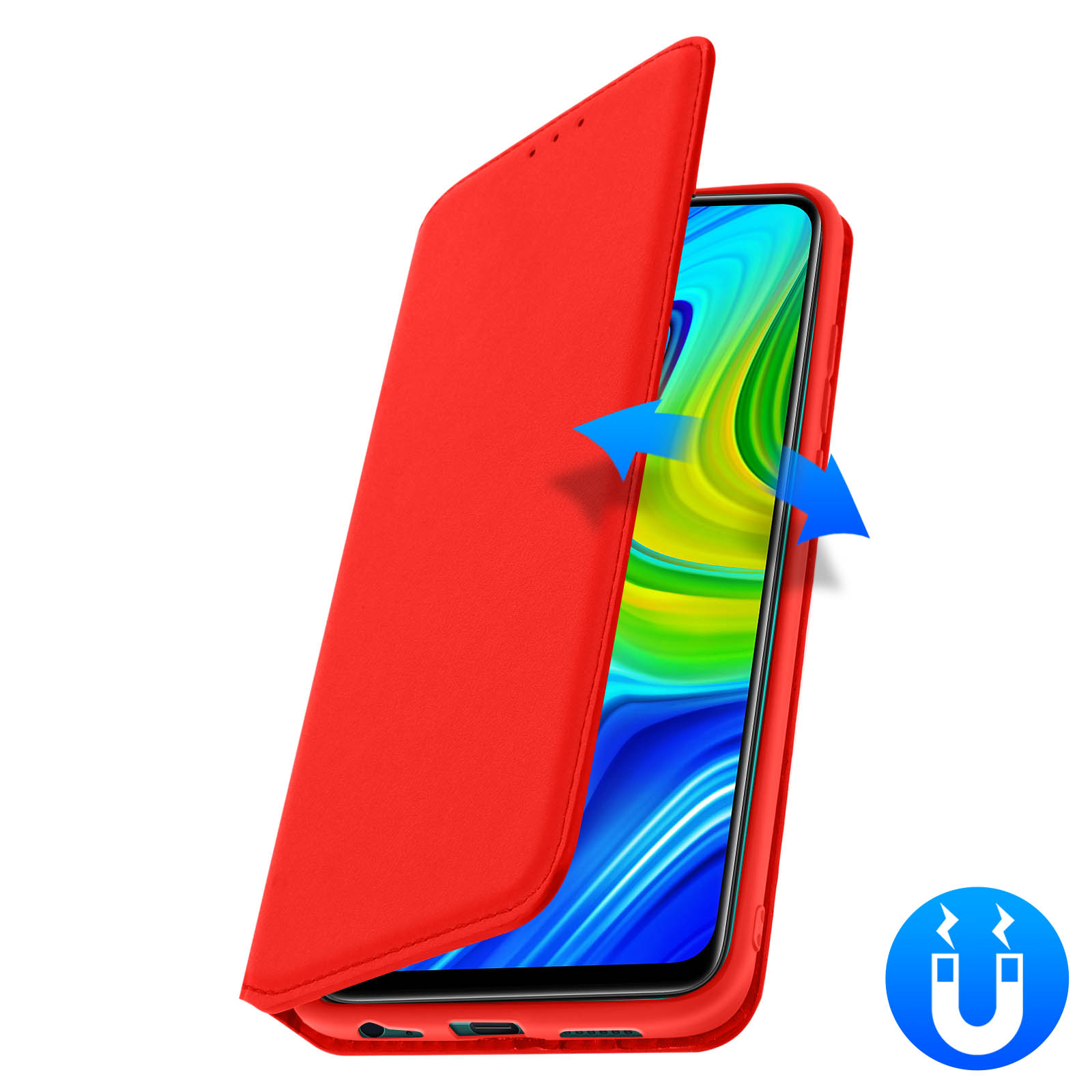 Een rode telefoonhoes gaat open en onthult de telefoon met een magnetisch ontwerp.