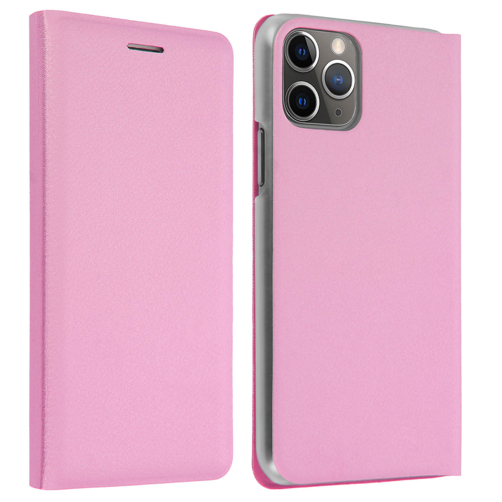 Custodia per telefono rosa, aperta e chiusa. Telefono con fotocamera visibile. Dettagli di bottone e chiusura. Texture in pelle rosa.