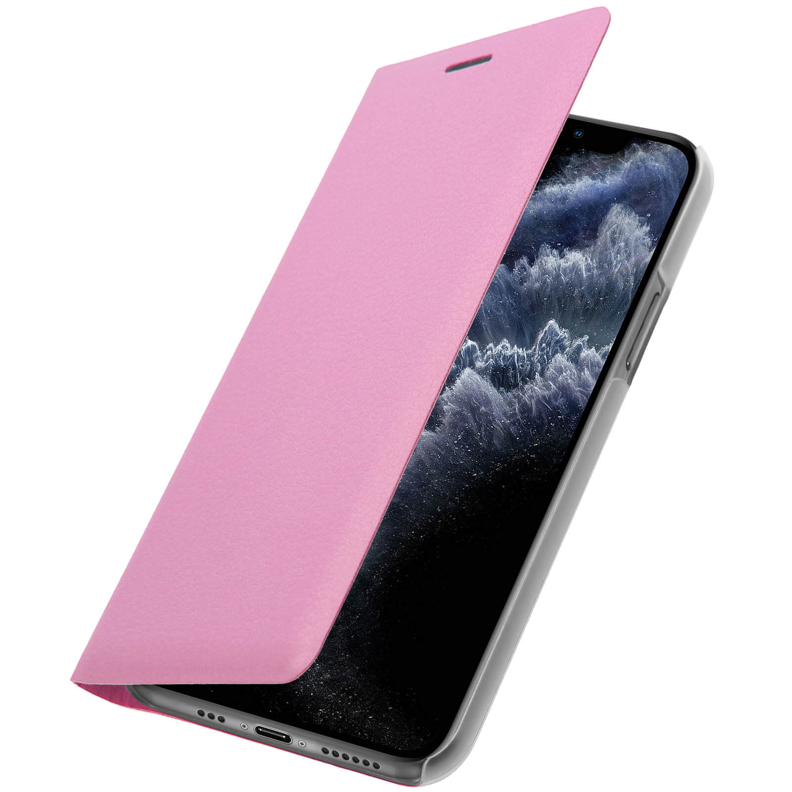 Custodia rosa aperta, che copre un telefono nero. Sfondo bianco.