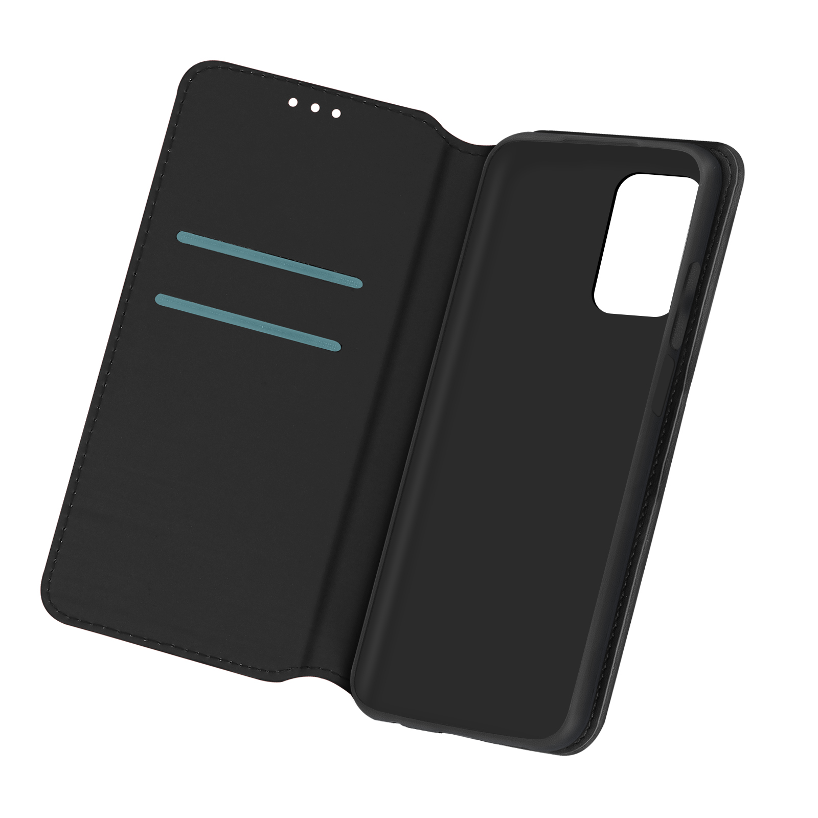 Un étui de téléphone noir avec un téléphone à l'intérieur. L'étui est ouvert, l'intérieur est noir et le téléphone est noir.