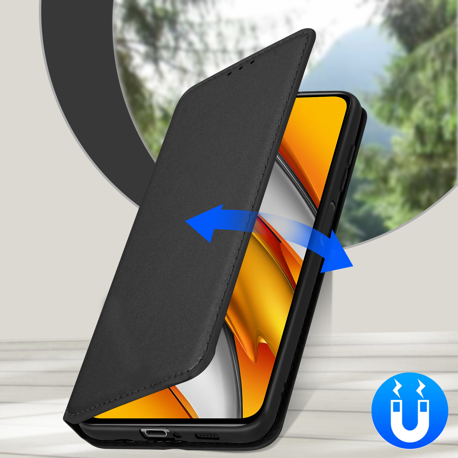 Étui de téléphone en cours d'ouverture, téléphone à l'intérieur avec écran jaune visible. Une icône d'aimant à droite.