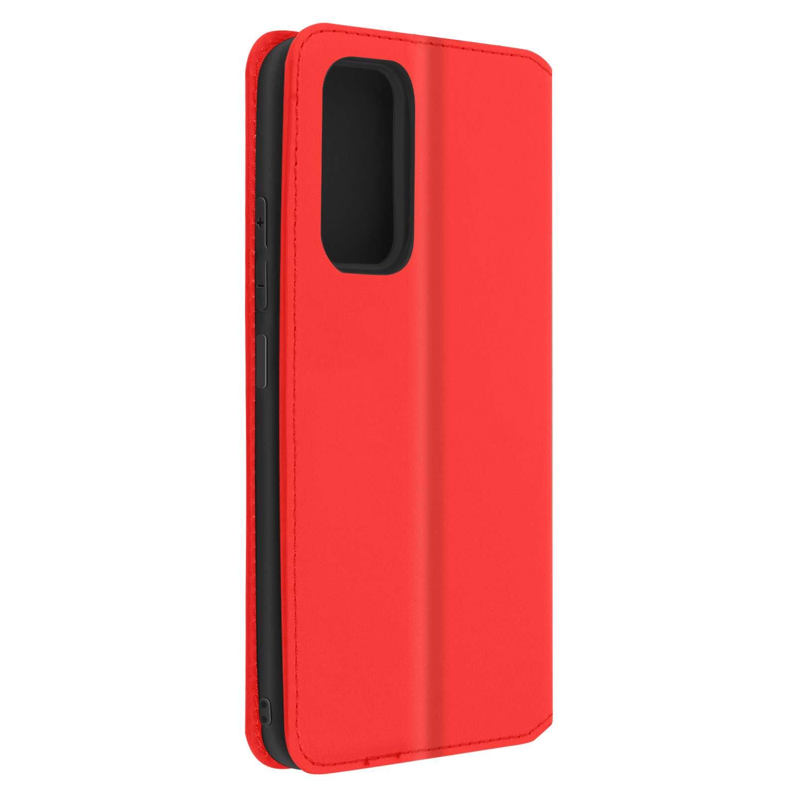 Custodia per telefono rossa, chiusa. Sono visibili una cucitura e i bordi. Interno nero.