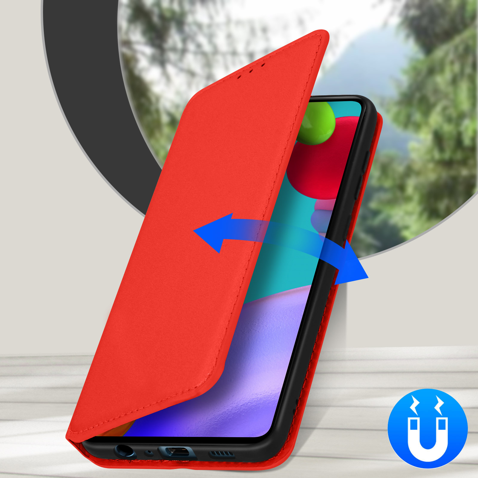 Custodia rossa con telefono, chiusura magnetica.