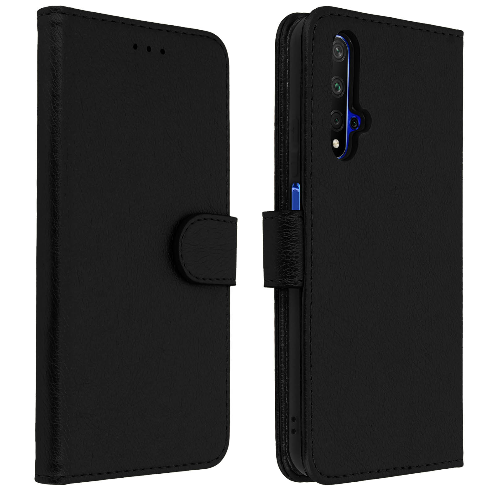 Funda negra para teléfono, abierta. La funda tiene ranuras para tarjetas. El teléfono es visible. La funda es de cuero.