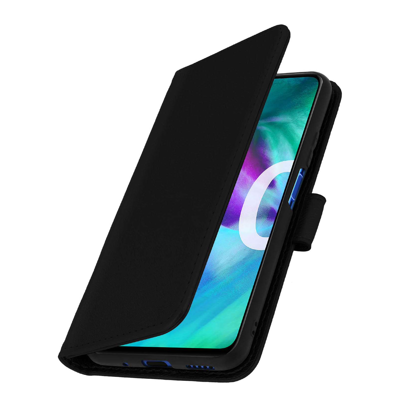 La funda negra del teléfono está abierta, mostrando la pantalla del teléfono. Se ve una cartera.