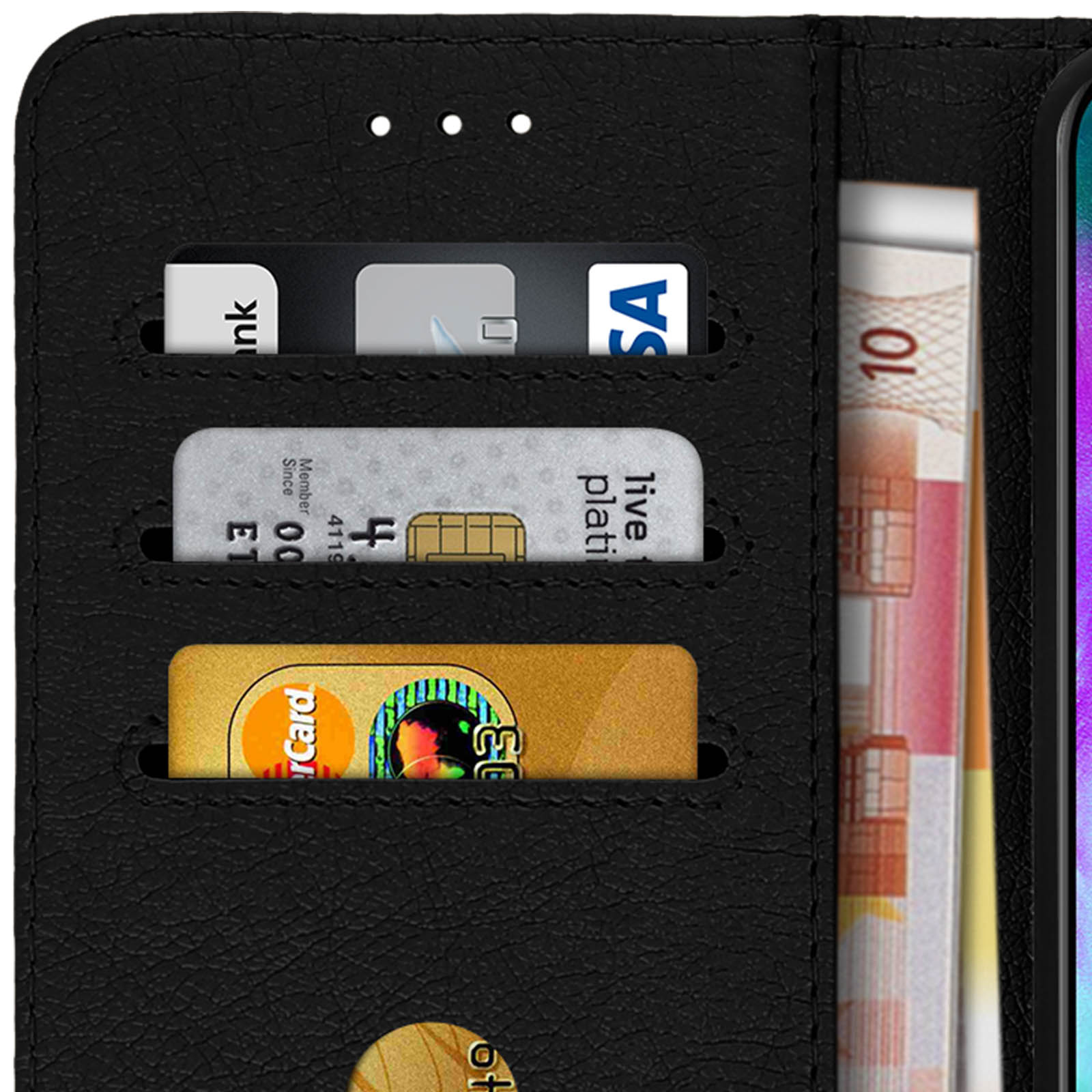 Funda de teléfono de cuero negro con ranuras para tarjetas. Tarjetas: SA, tarjeta de crédito, billetes de euro.