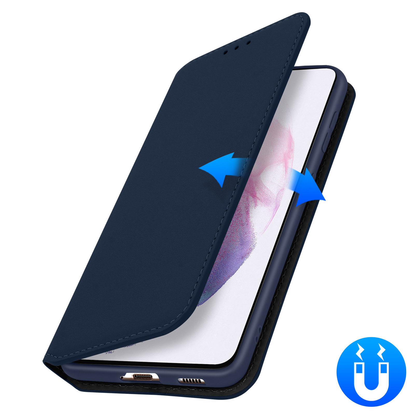 Custodia blu per telefono con telefono all'interno, frecce che mostrano la chiusura magnetica.