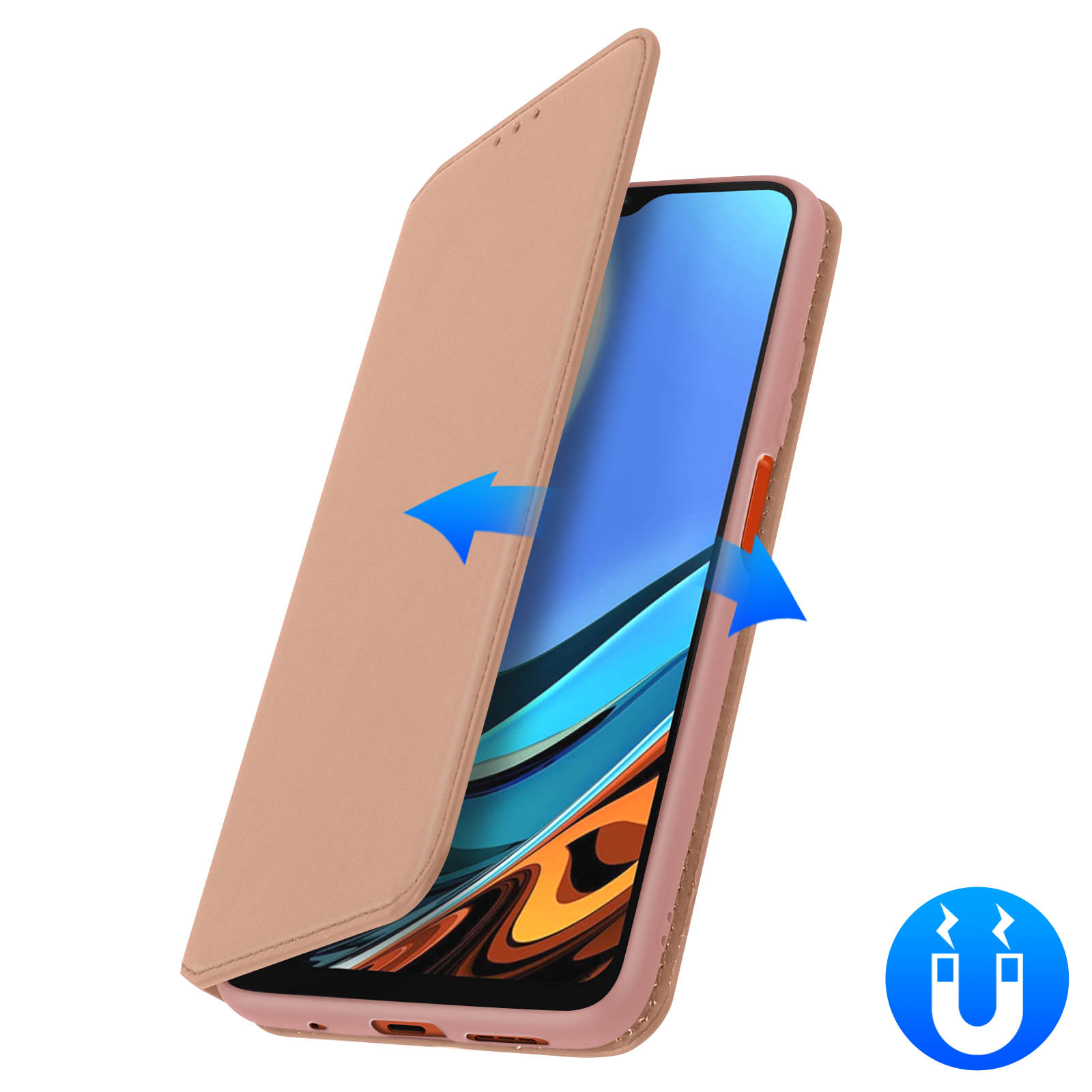 Custodia per telefono rosa aperta che mostra un telefono. Sono presenti frecce e un simbolo di magnete.