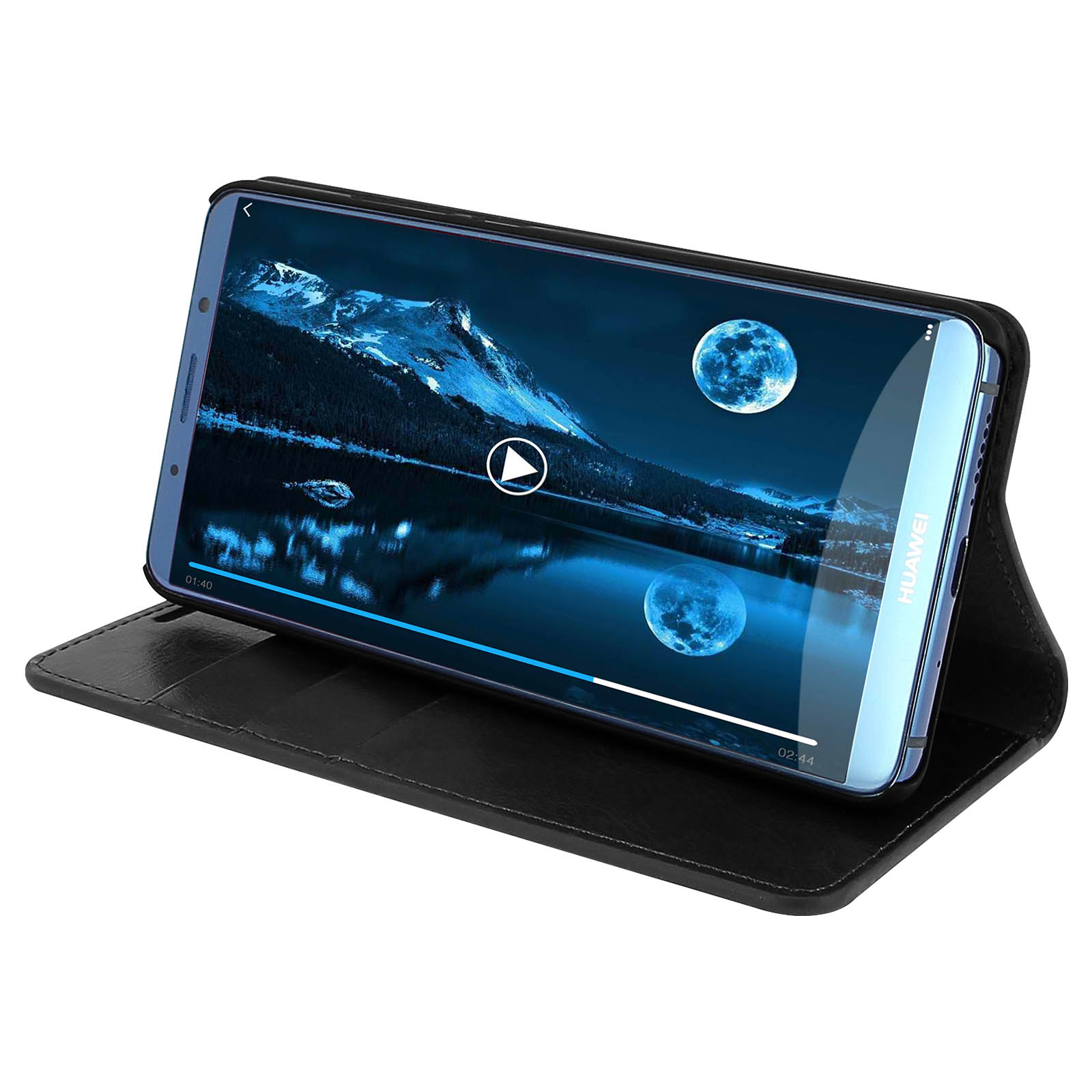 Custodia per telefono nera, aperta, che mostra un telefono. Sullo schermo del telefono, è in riproduzione un video. Sfondo tavolo di legno.