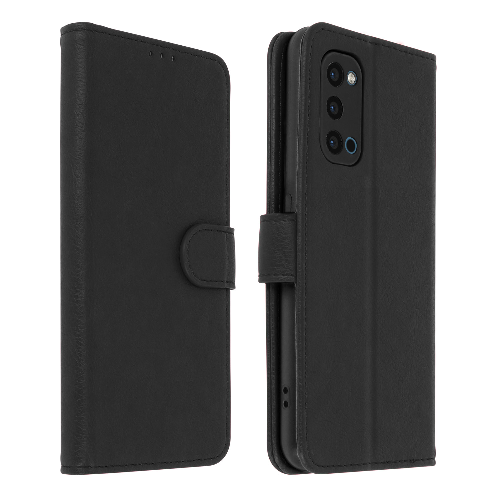 Schwarze Handyhülle, offen, mit Telefon und Knopf, auf weißem Hintergrund.