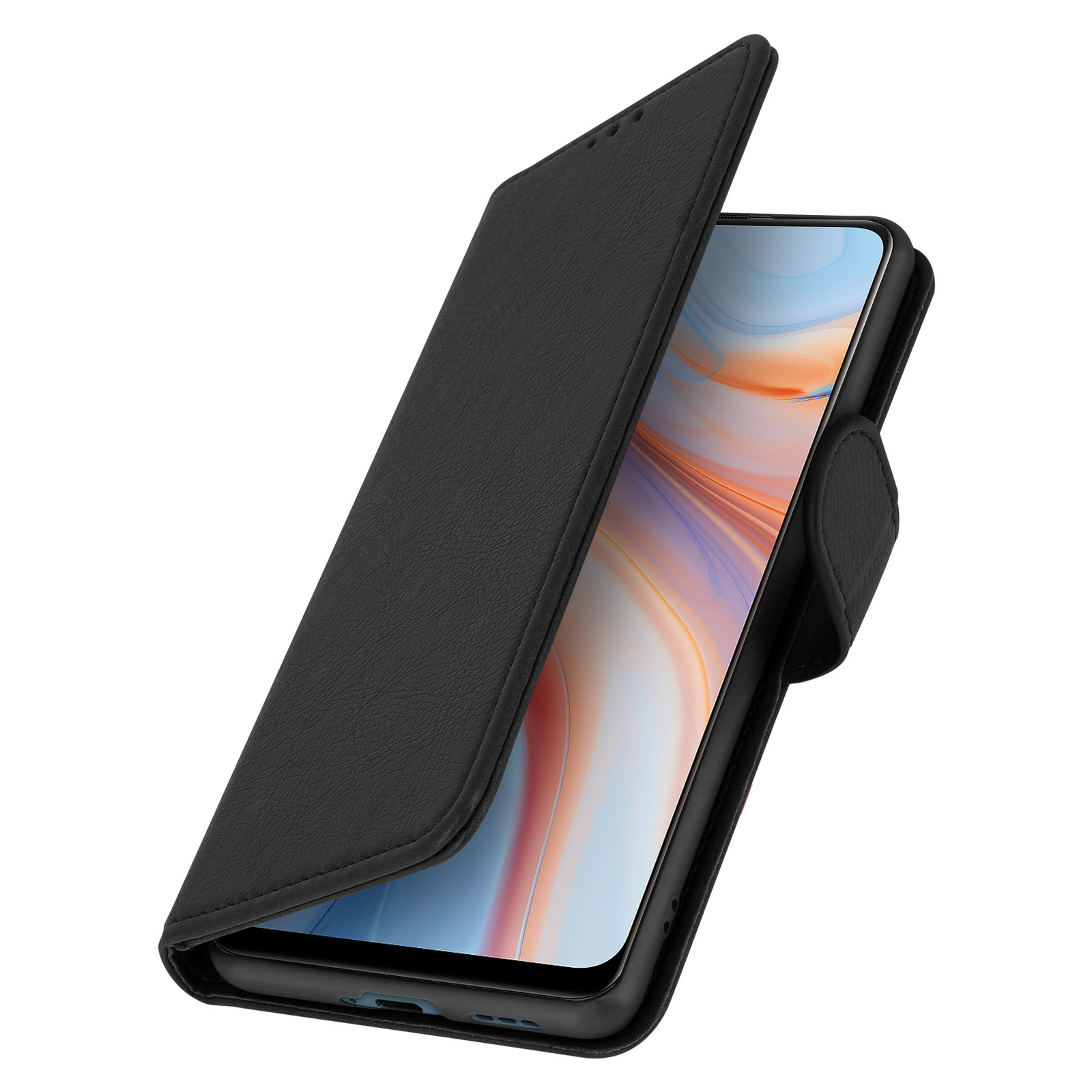 Schwarze Handyhülle, offen, zeigt einen Telefonbildschirm. Der Bezug ist lederartig.