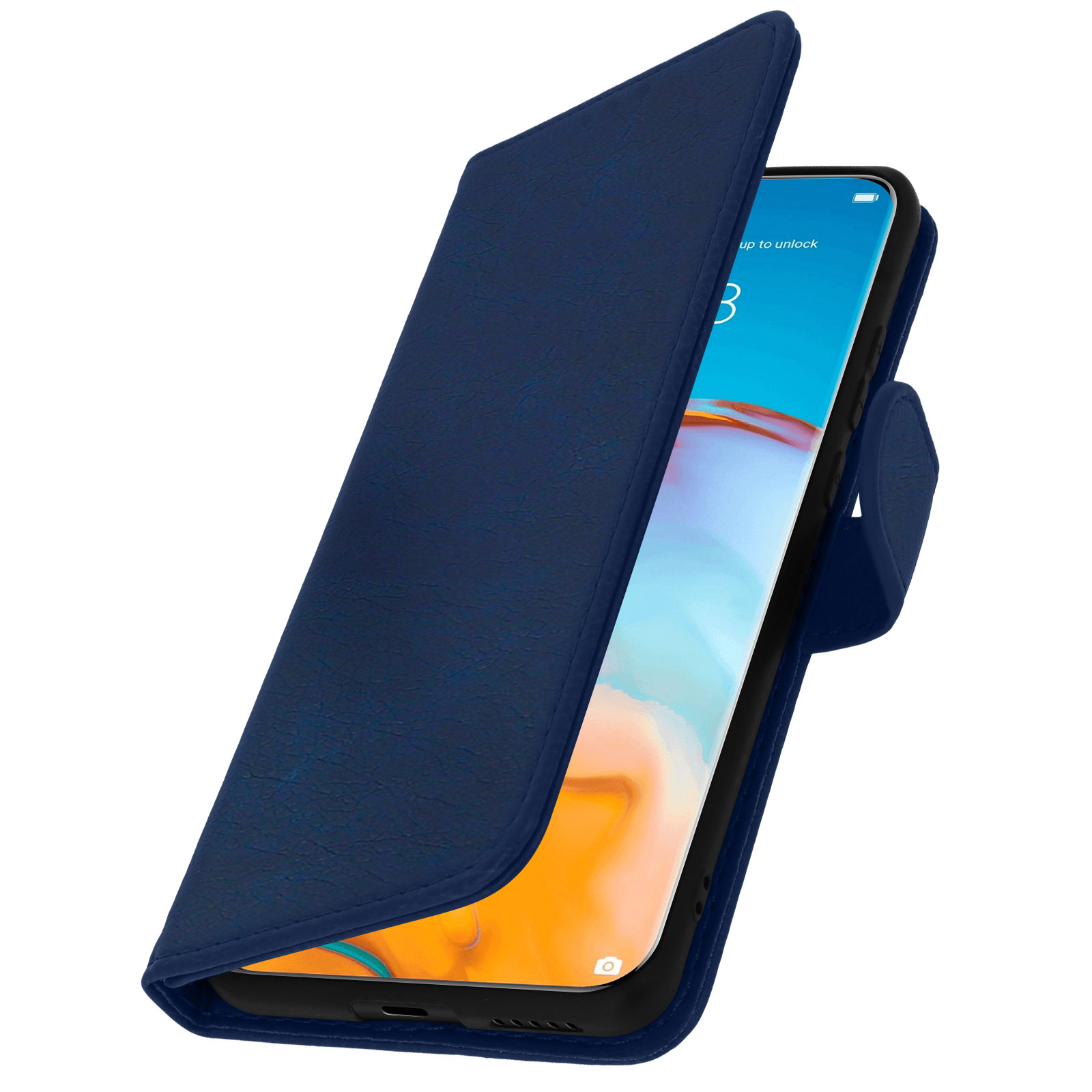 Custodia blu per telefono con flip cover aperta. Il telefono visualizza l'ora.