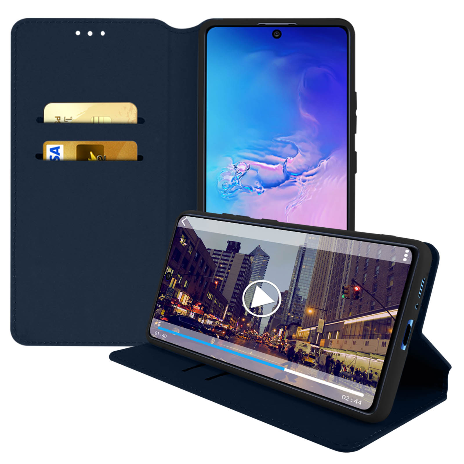Custodia blu per telefono con carte, il telefono nella custodia mostra un video. Un secondo telefono è aperto e mostra un video.