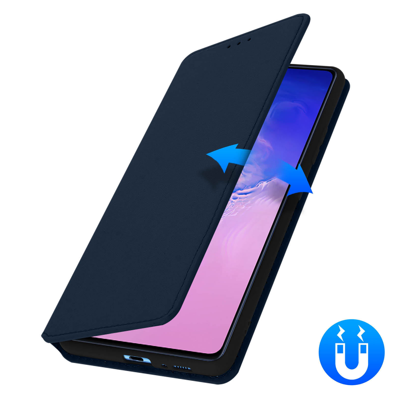 Una custodia per telefono blu che si apre per rivelare un telefono, con un simbolo magnetico.