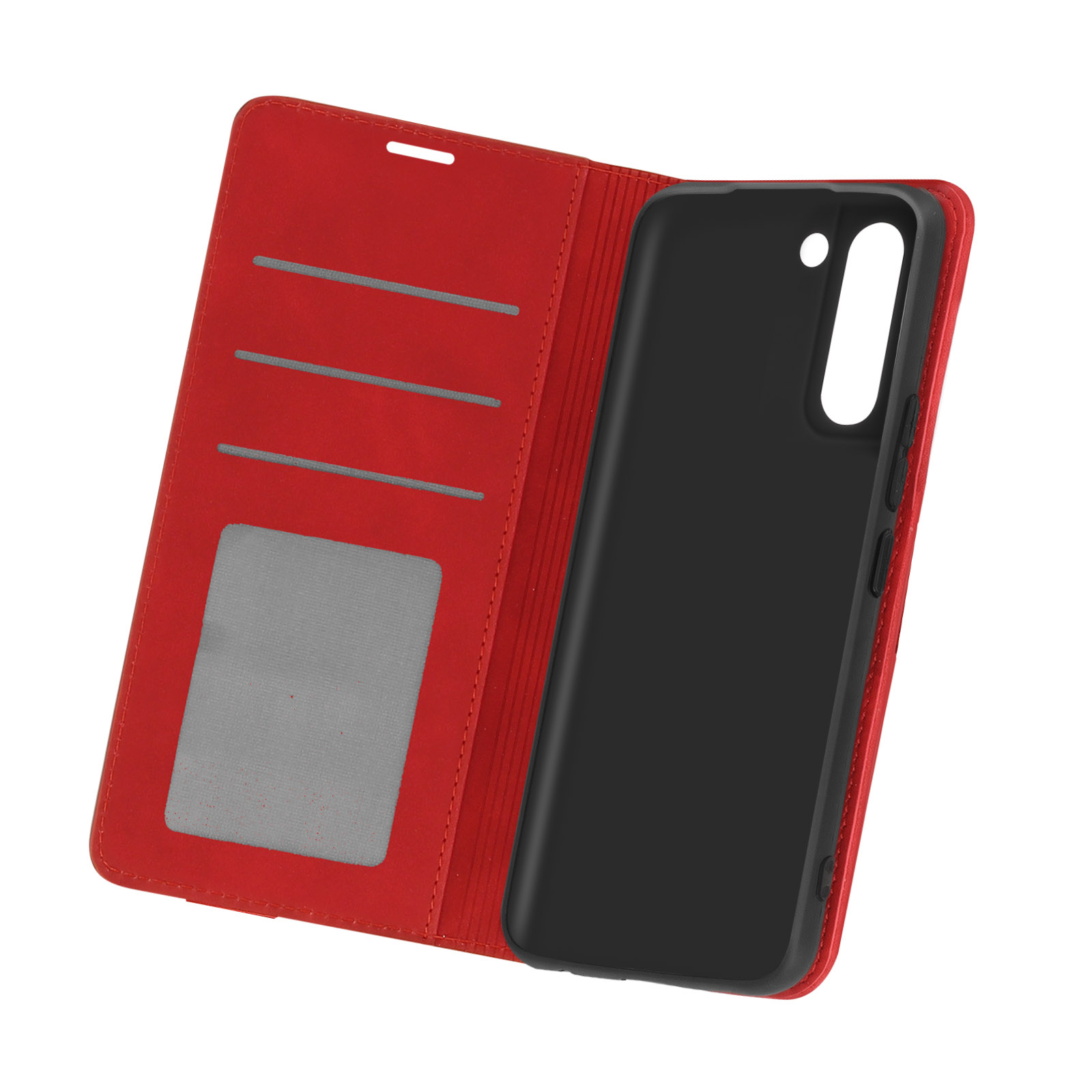 Custodia per telefono rossa, aperta, che mostra il telefono e gli slot per schede.