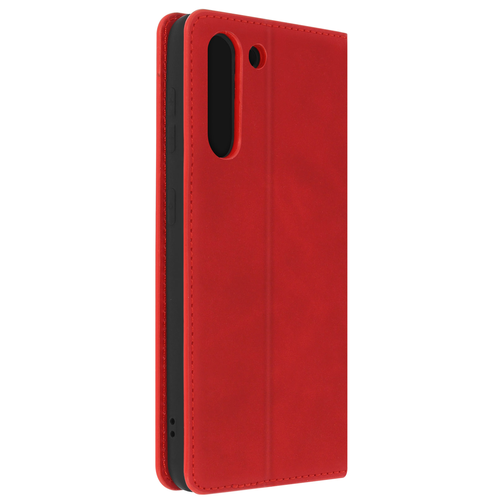 Custodia del telefono rossa chiusa, vista laterale. Telefono nero all'interno. Il rosso è il colore principale.