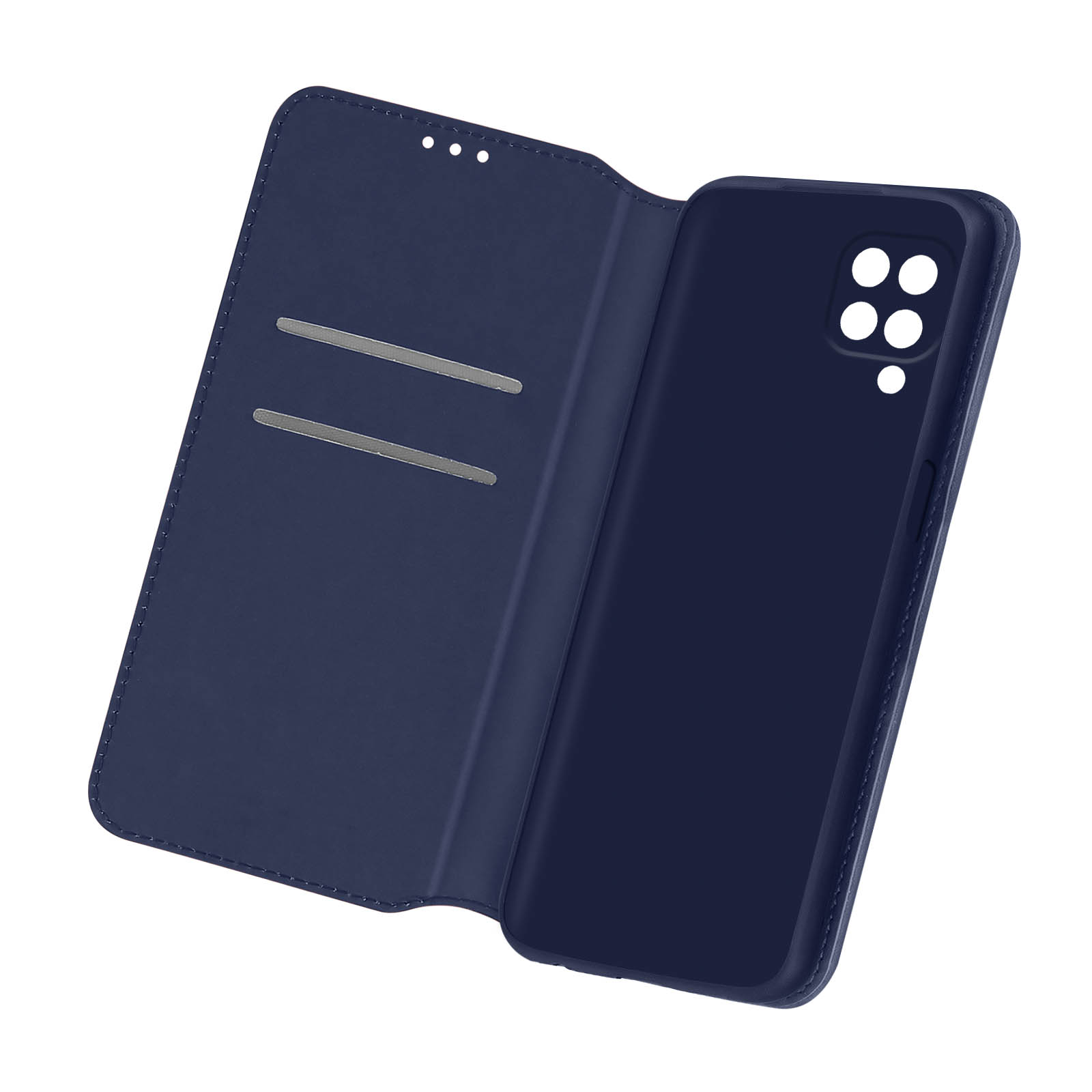 Étui de téléphone bleu ouvert. L'intérieur et le téléphone sont bleus. Fentes pour cartes visibles.