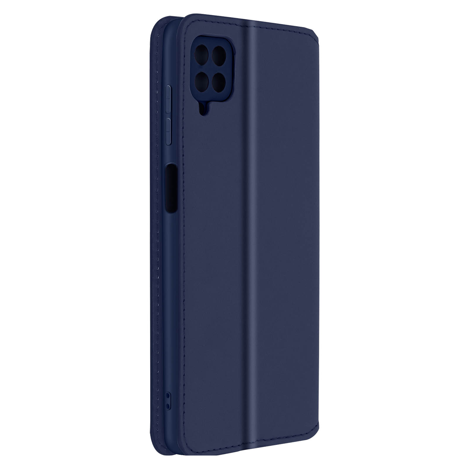 Un étui de téléphone bleu marine est ouvert. Il montre l'arrière du téléphone avec l'appareil photo et les boutons.