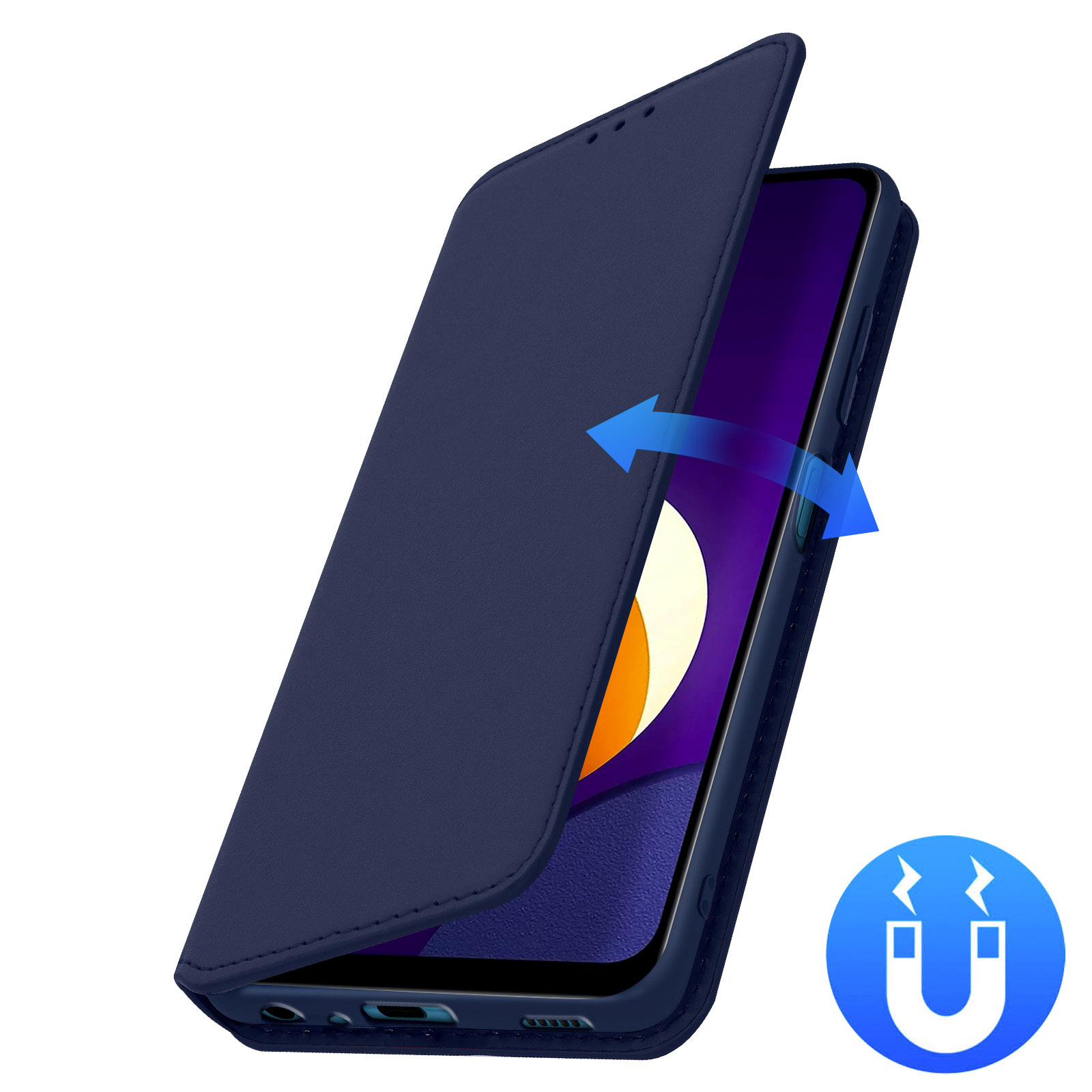 Étui de téléphone bleu avec téléphone à l'intérieur. L'étui s'ouvre, révélant l'écran du téléphone.