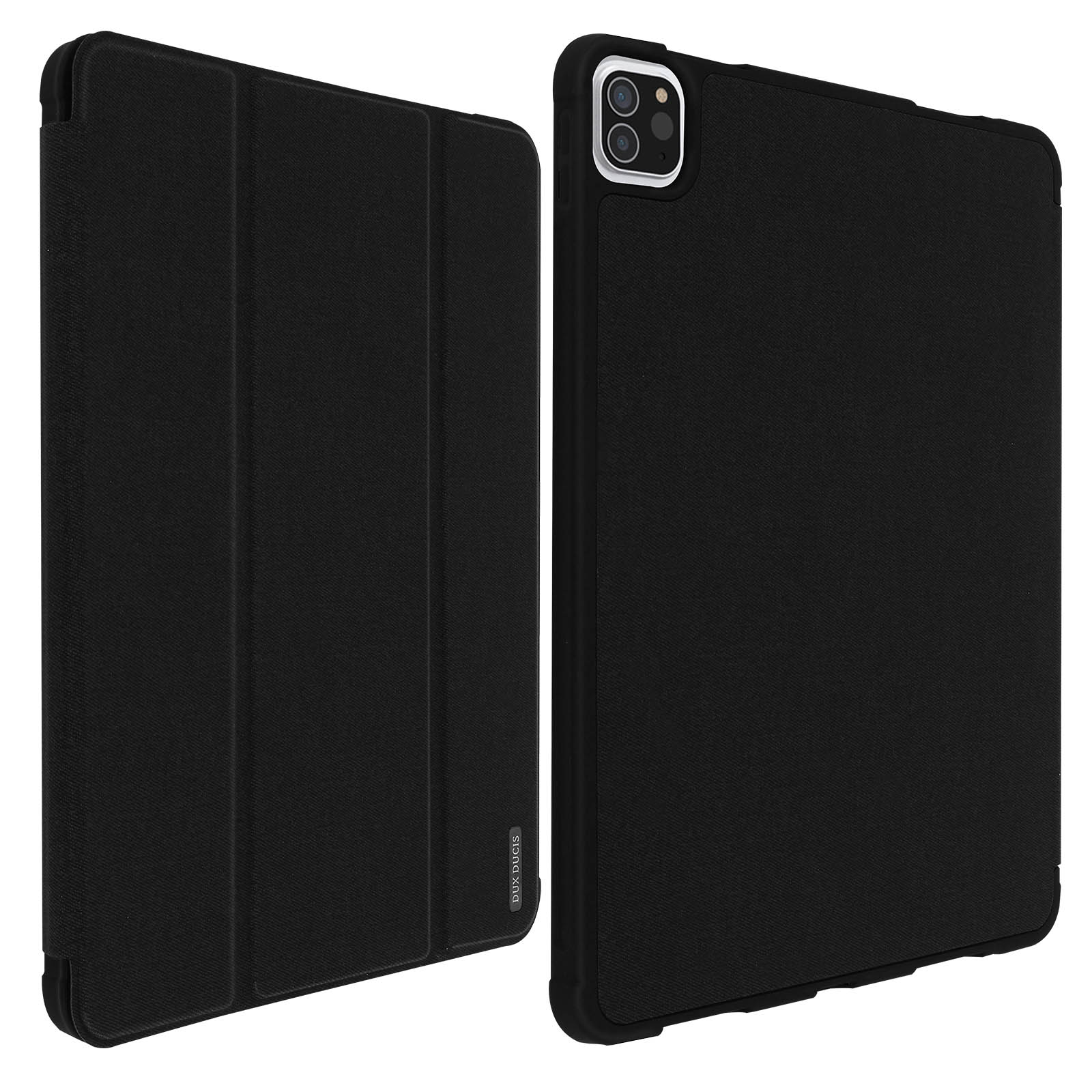 Custodia nera per iPad, aperta e chiusa. Mostra una fessura per iPad e una copertura magnetica.