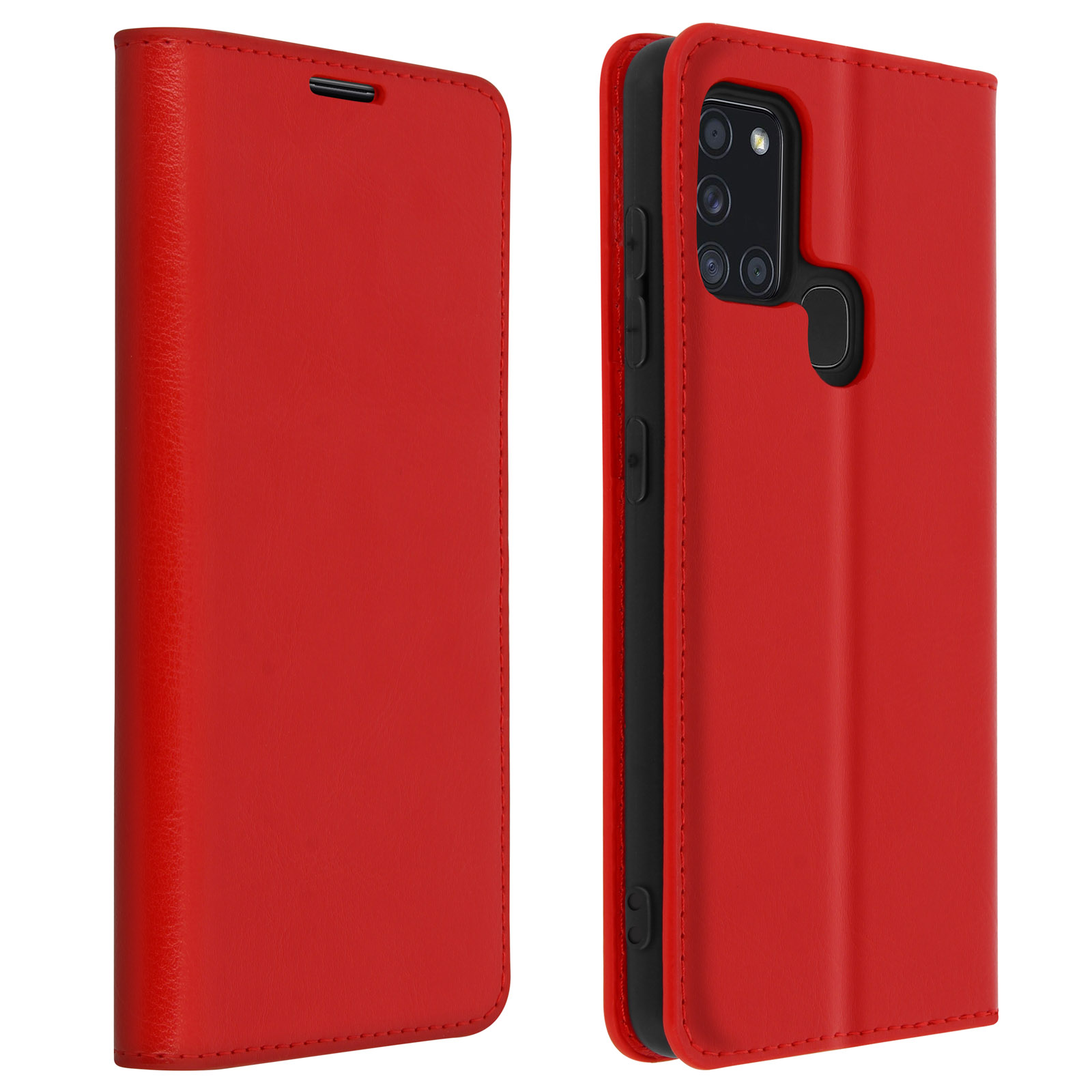 Étui de téléphone rouge, ouvert et fermé. Ouvert montre le dos du téléphone avec la caméra.