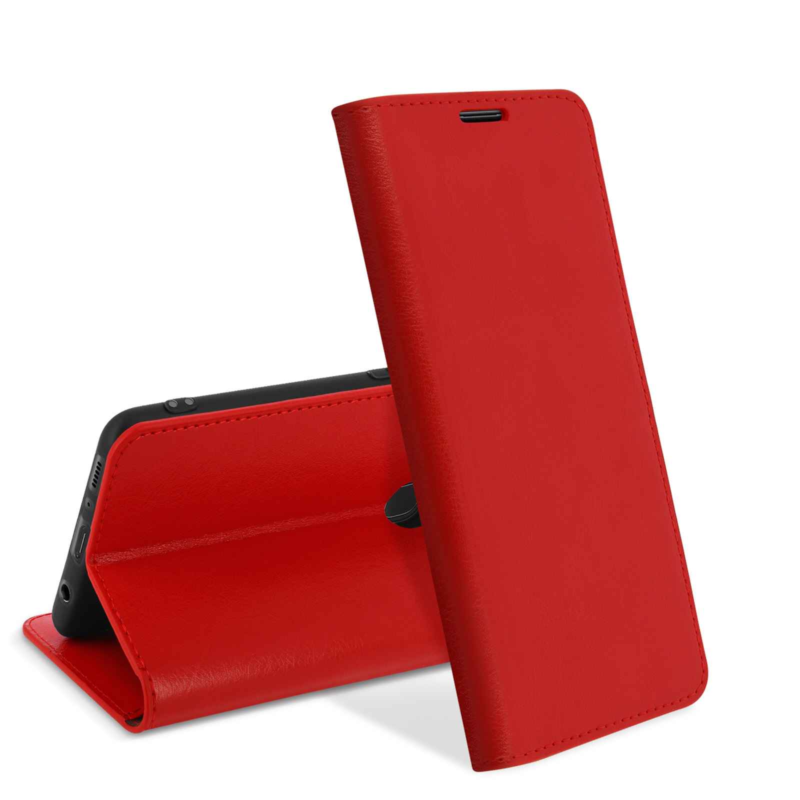 Étui de téléphone rouge ouvert, montrant un téléphone avec écran noir, emplacements pour cartes et argent.