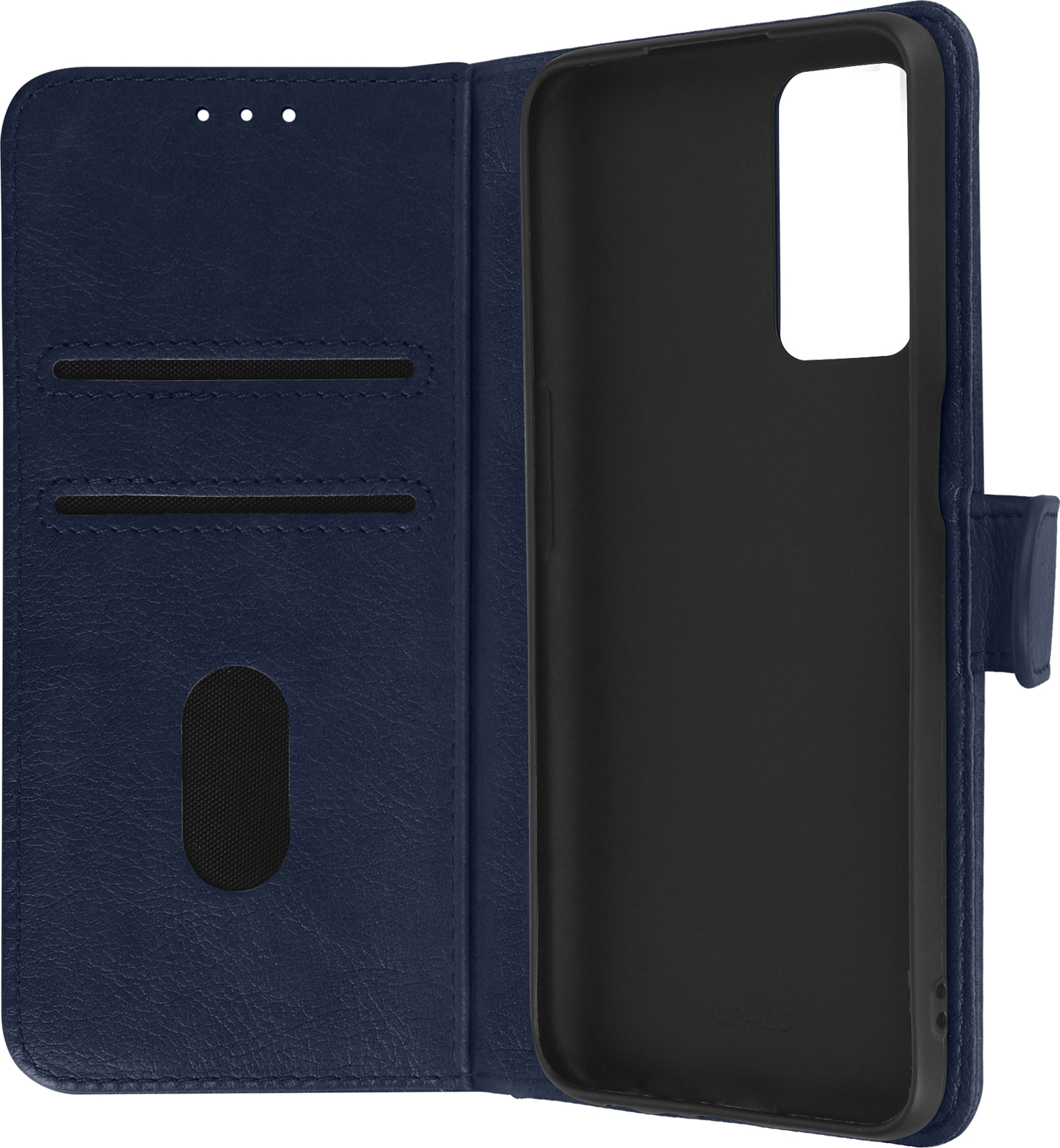 Étui bleu, ouvert. Le téléphone est à l'intérieur de l'étui.