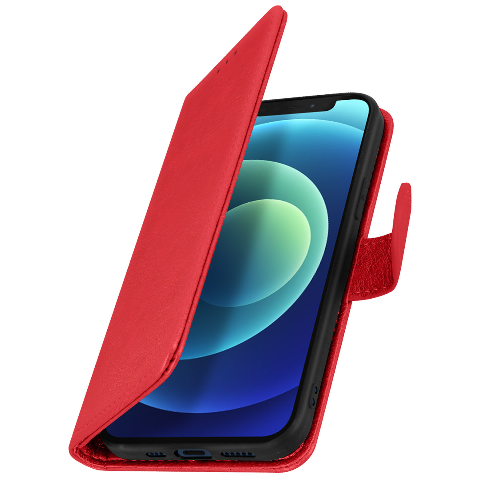 Étui de téléphone rouge ouvert, révélant un téléphone. L'écran du téléphone affiche une image.