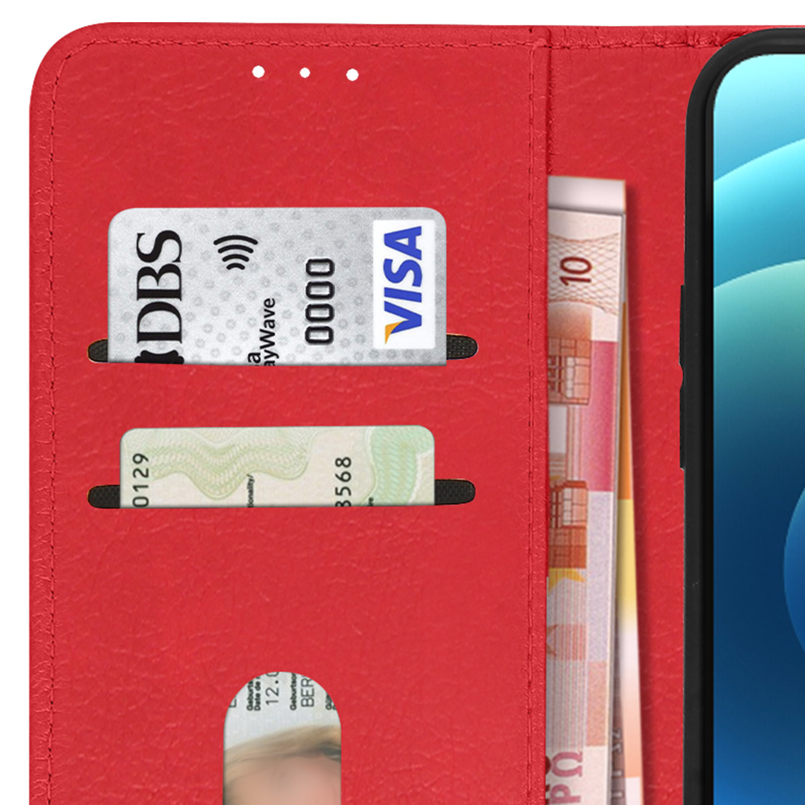 Coque de téléphone rouge ouverte, montrant des cartes et l'écran. Le téléphone est dedans.