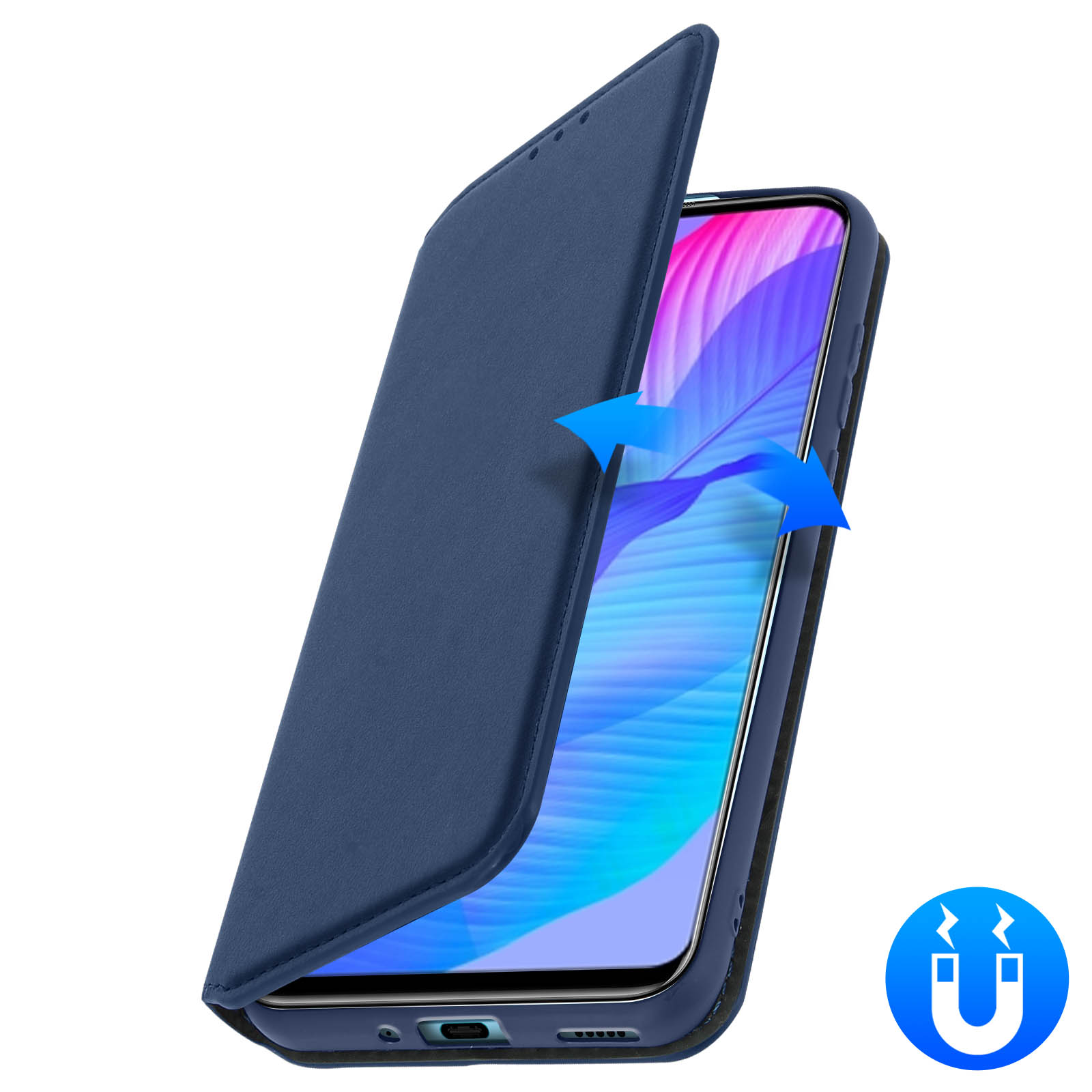 Custodia blu per telefono con coperchio aperto e simbolo magnetico su bianco.
