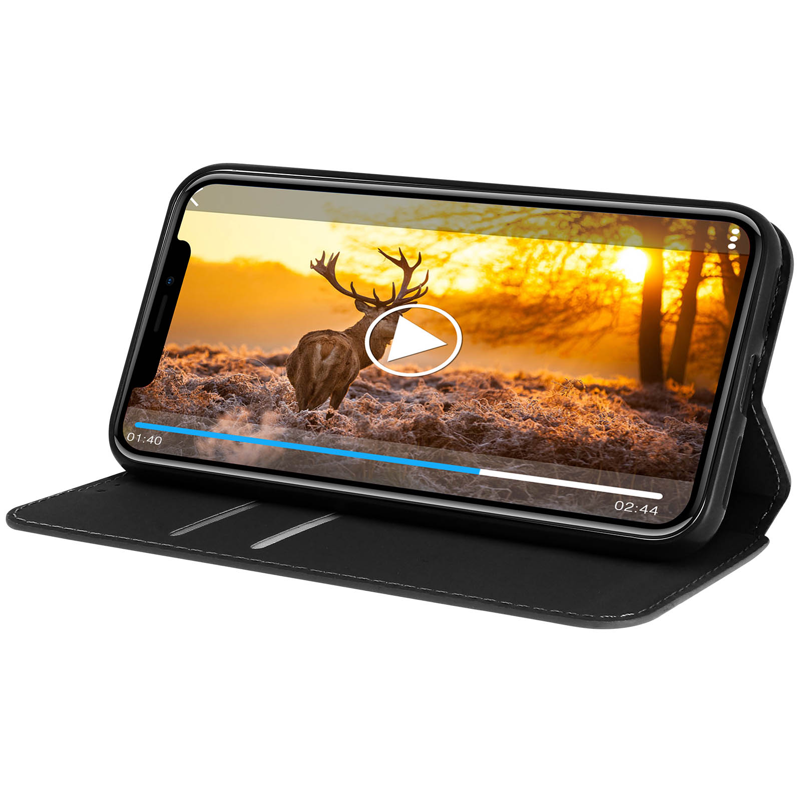 Custodia per telefono con video di cervo in una foresta. Tasto play visibile.