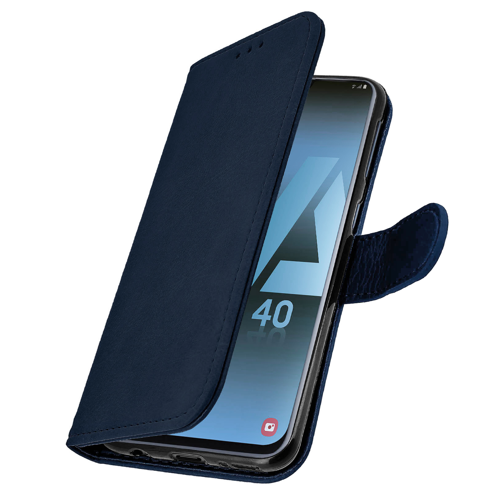 Blauwe telefoonhoes open, met een telefoon met een blauw scherm, met het nummer 40 erop.