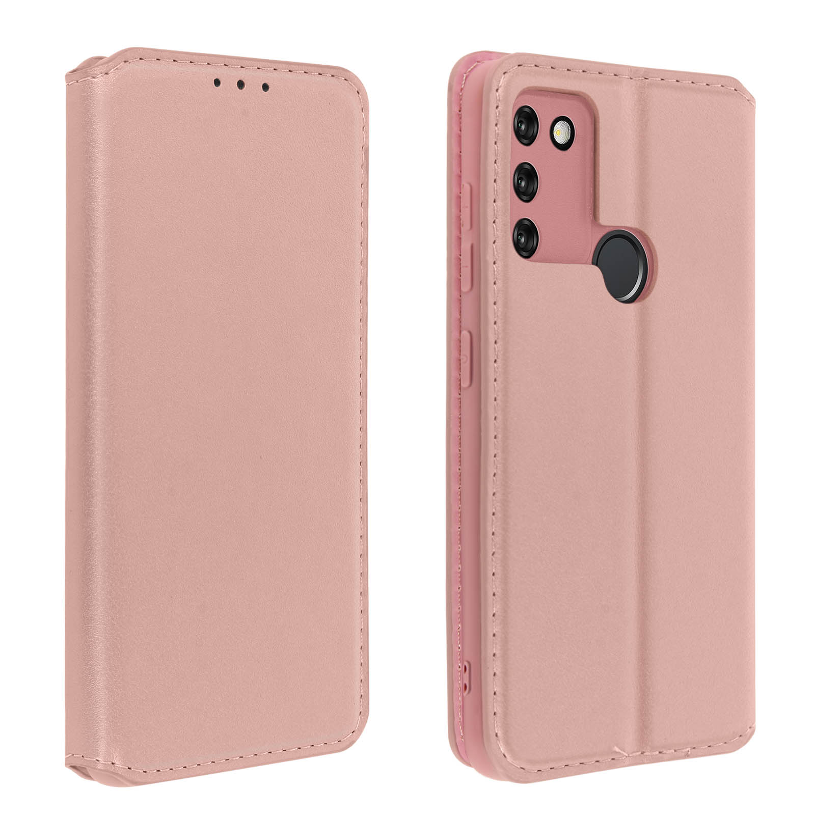 Una funda de teléfono rosa abierta. El teléfono es rosa, con la cámara en el lateral. Fondo blanco.