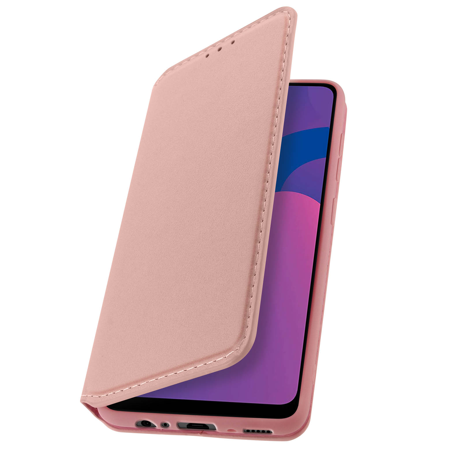 Una funda de teléfono rosa con la tapa abierta, revelando la pantalla del teléfono. La tapa está abierta.