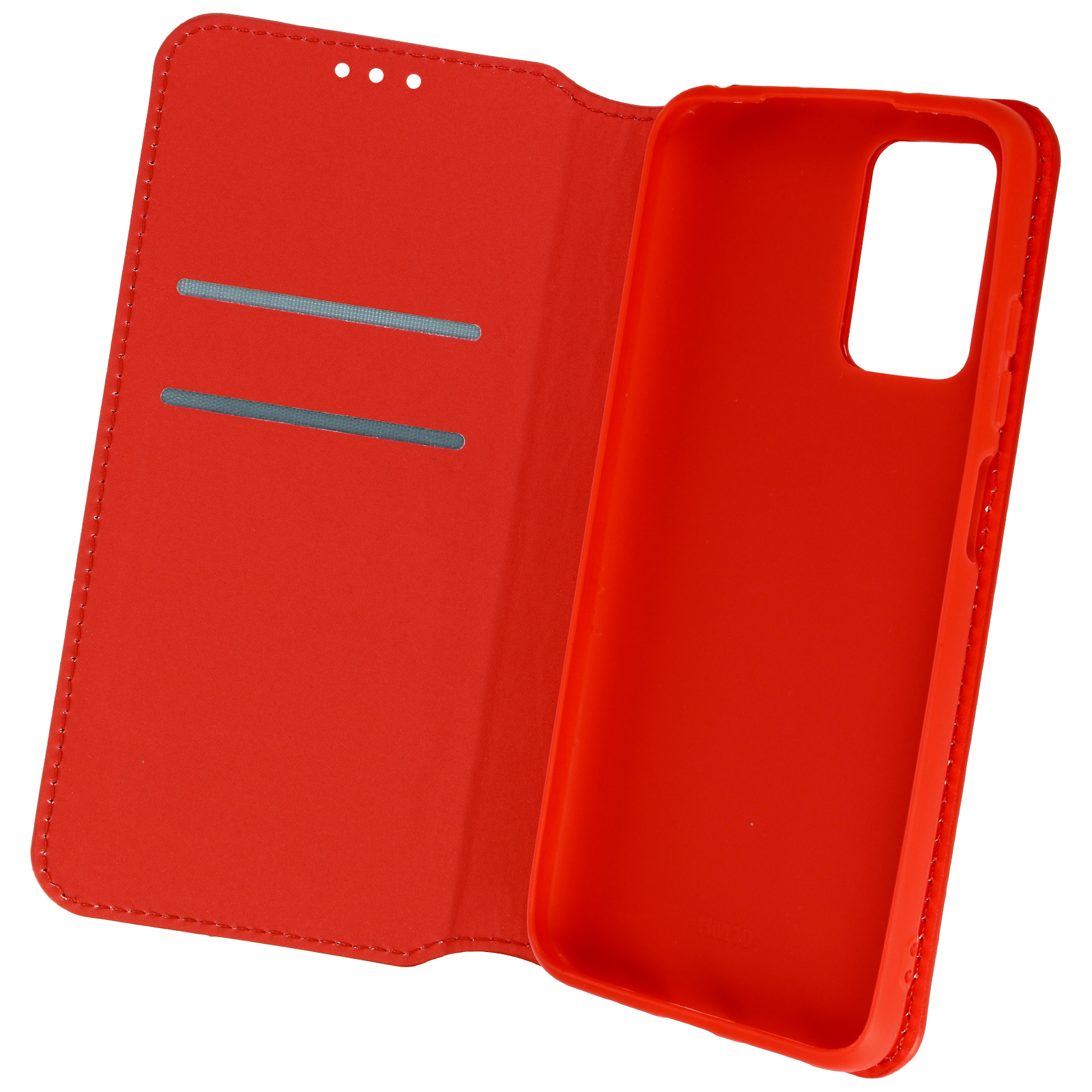 Custodia per telefono rossa aperta. L'interno è rosso, con fessure per carte e un supporto per telefono.