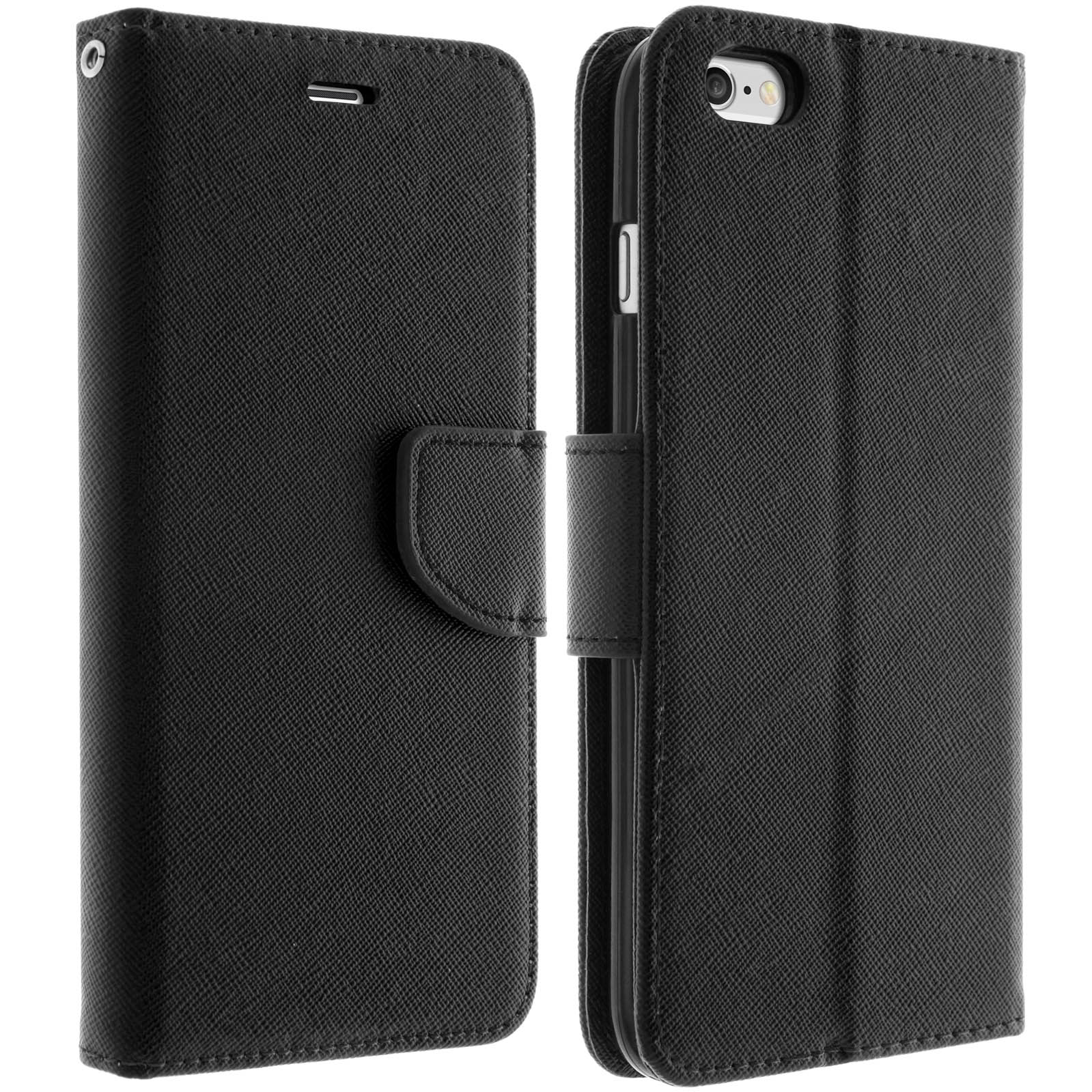 Funda negra para teléfono, cerrada. La funda está cerrada con un botón.