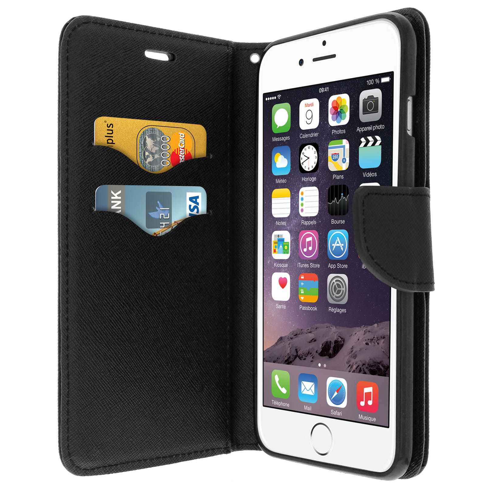 iPhone blanco en una funda tipo cartera negra, con tarjetas de crédito y apps en la pantalla.