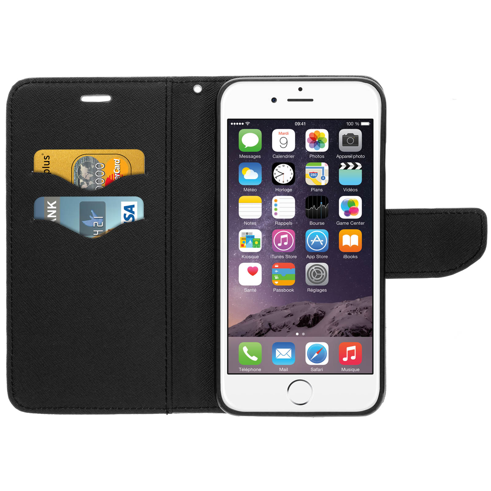 Un iPhone blanco en una funda tipo cartera negra con ranuras para tarjetas.