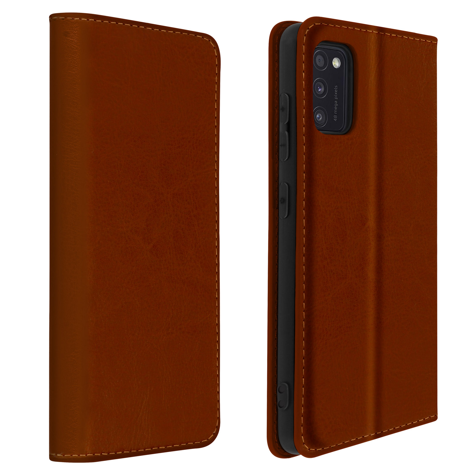 Coque de téléphone marron, fermée et ouverte, montrant l'extérieur en cuir marron et l'intérieur noir.