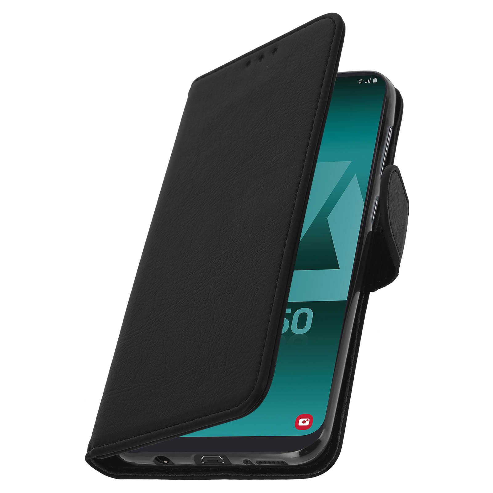 Telefono nero in una custodia a portafoglio, parzialmente aperto, che mostra lo schermo.