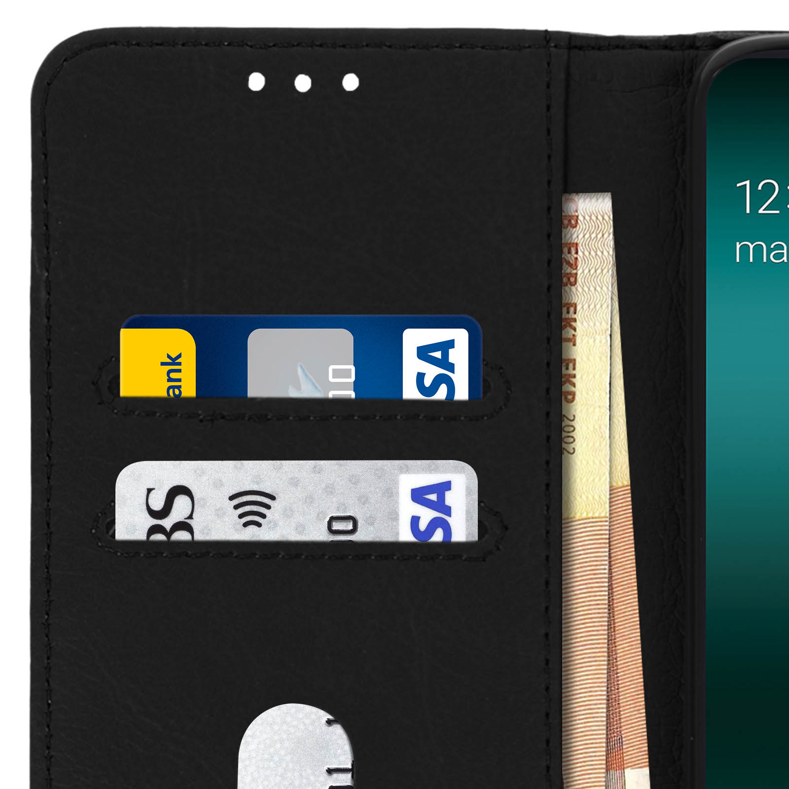 Custodia nera per telefono con carte di credito e denaro all'interno.