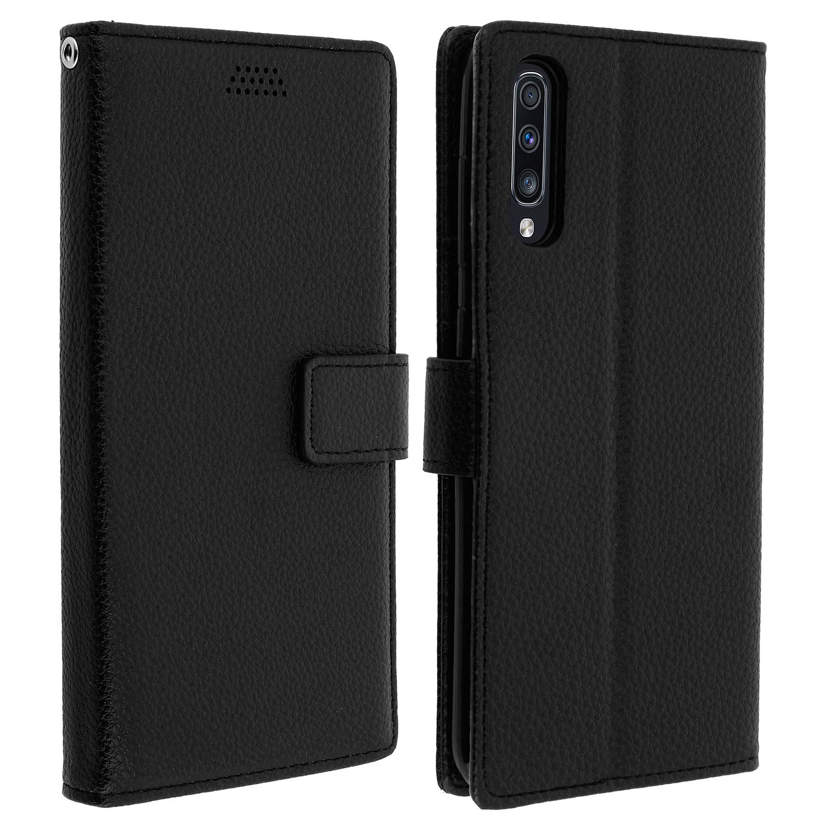Étui de téléphone noir, ouvert. L'étui a une fermeture magnétique. Le téléphone est à l'intérieur.
